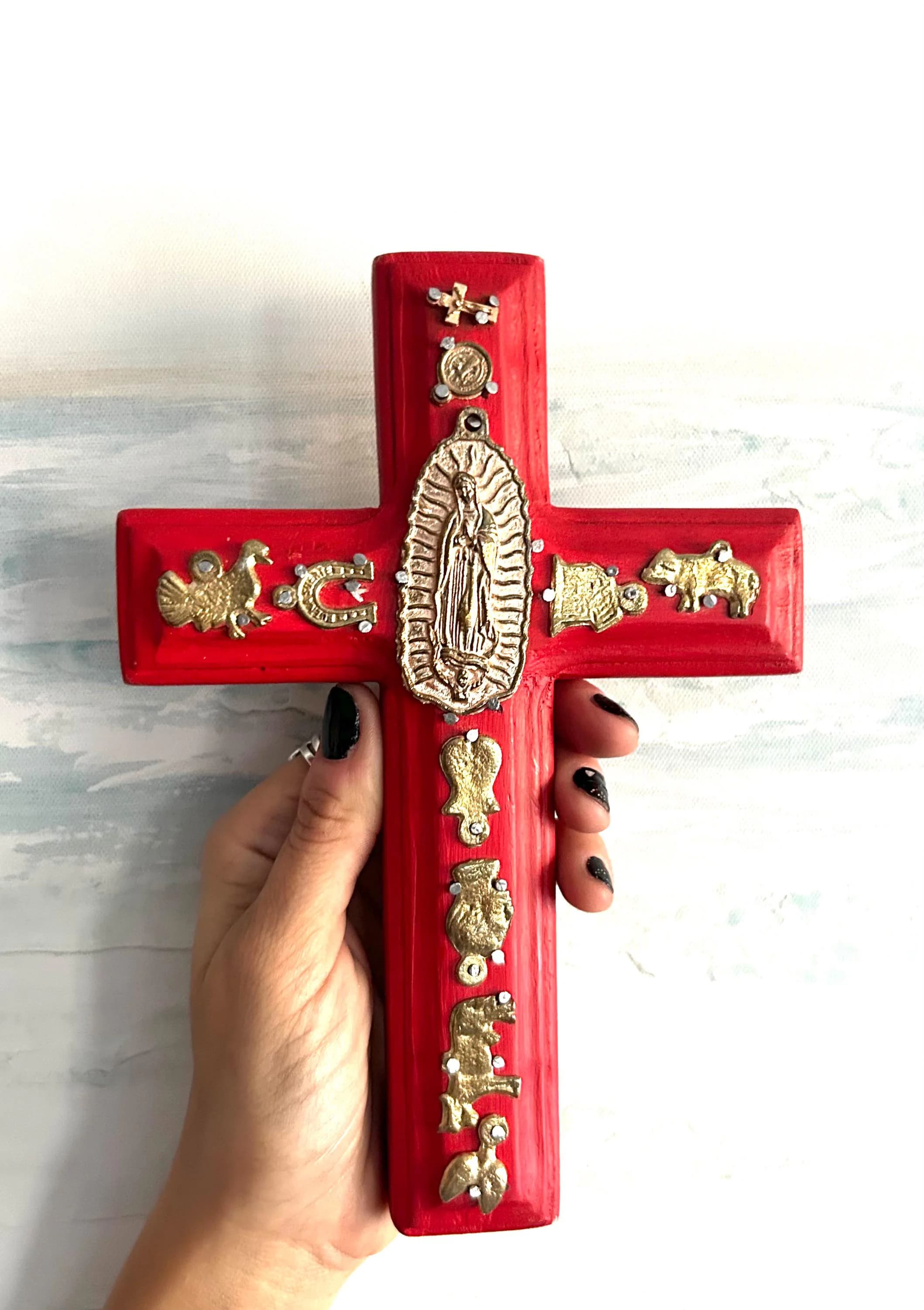Hand Carved Guadalupe Milagritos Cross, Mexican Home Decor, Ex-Voto Style (8" Tall)