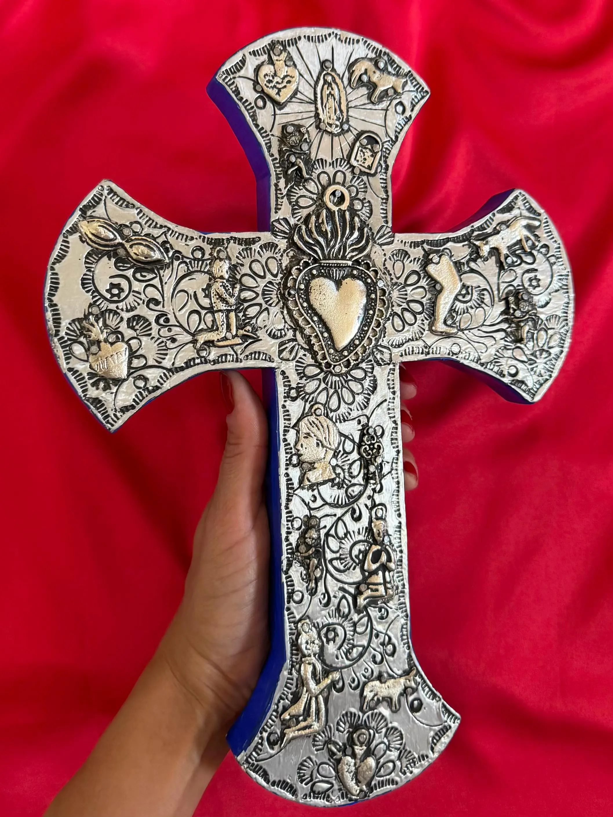Tin Cross Charm, Catholic Home Gift, XL Wood Sacred Heart Cross Aluminium 12"(tall)
