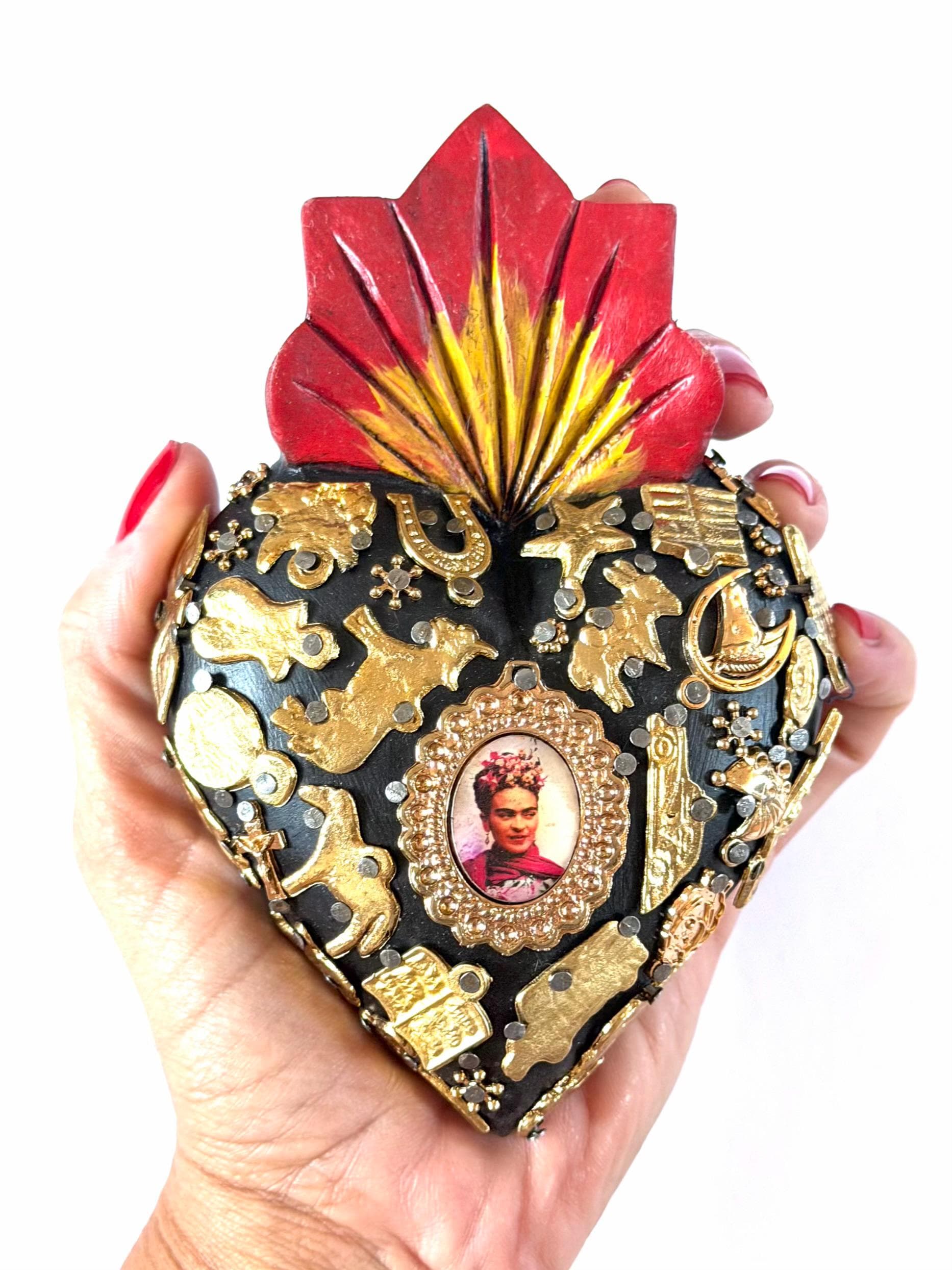 Mexican Folk Art, Rustic Handmade Decor, Frida Kahlo Wood Sacred Heart Gold Milagritos, Medium 5.5”(tall)