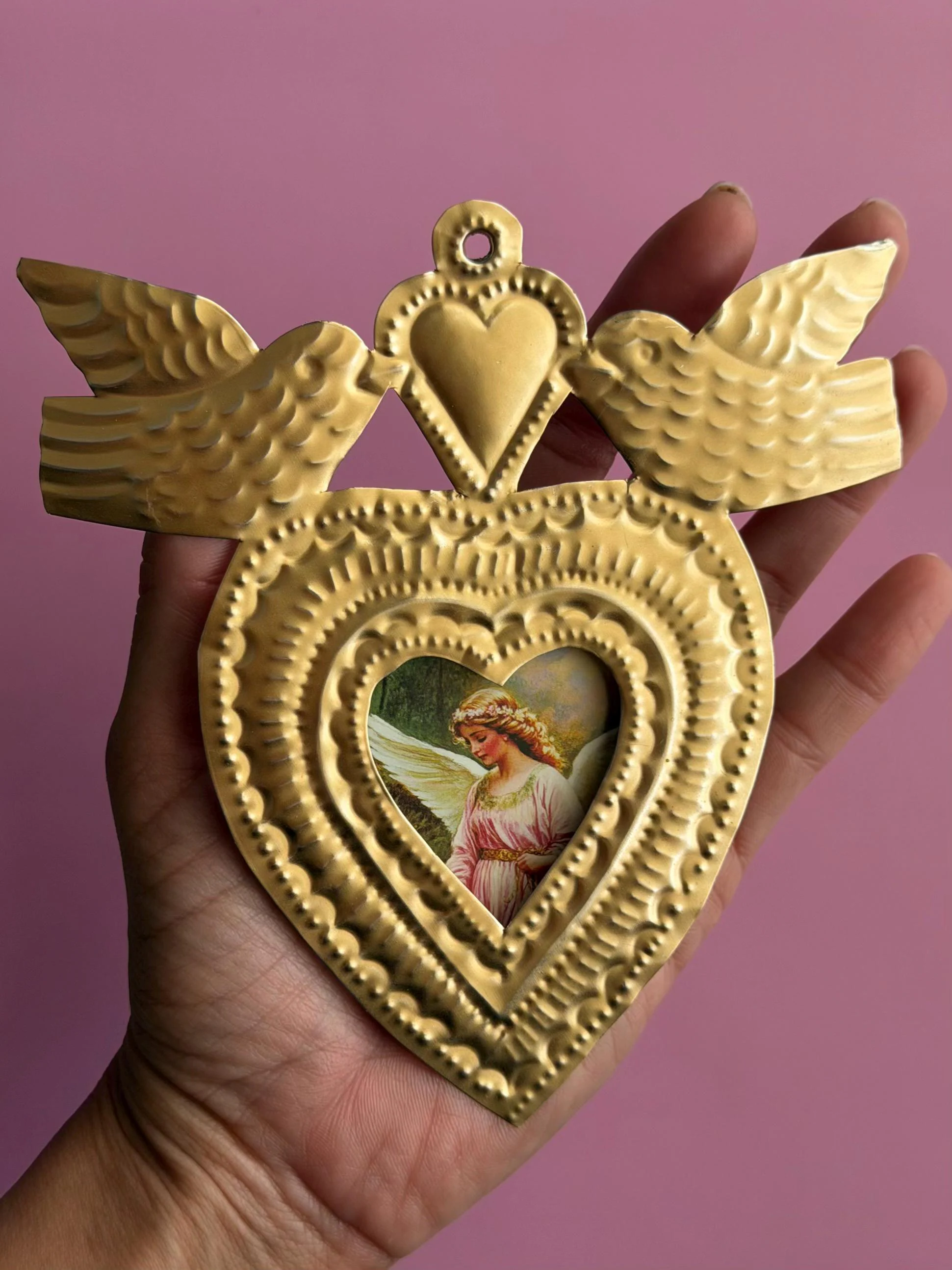 Pierced Tin Charm, Vintage-Style Decor, Nicho Angel De La Guarda