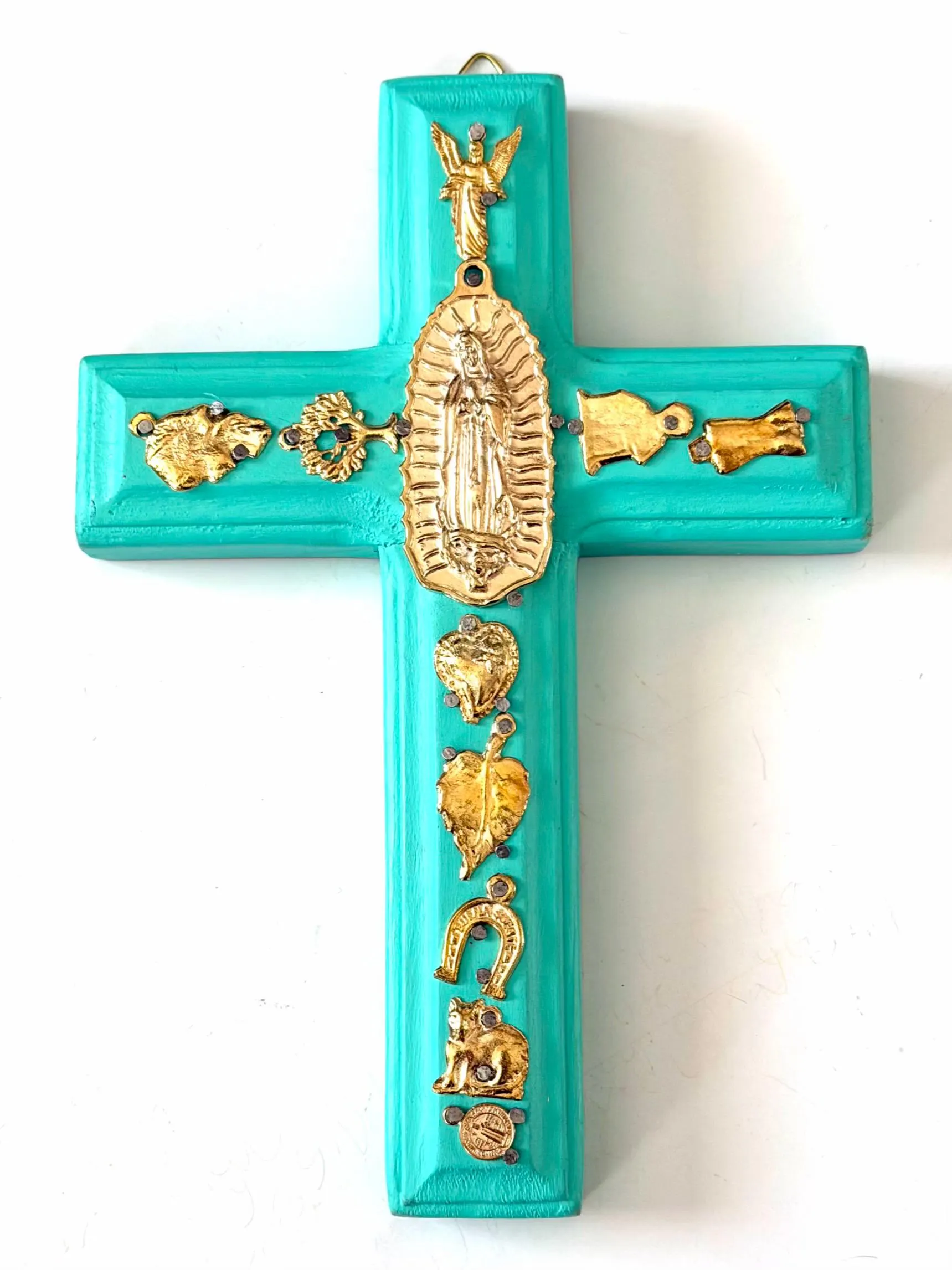 Hand Carved Guadalupe Milagritos Cross, Mexican Home Decor, Ex-Voto Style (8" Tall)