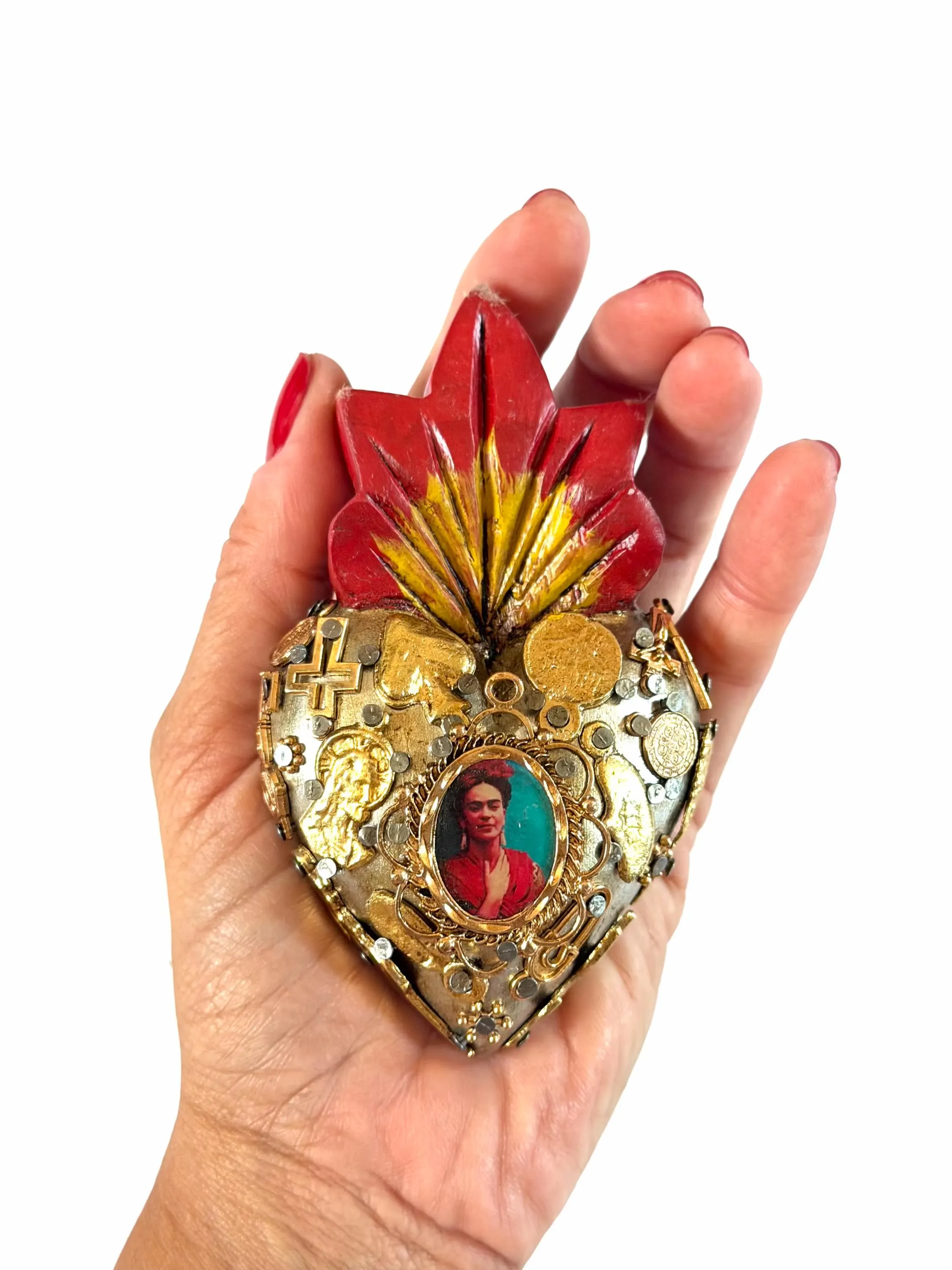 Small Frida Kahlo Wood Sacred Heart Gold Milagritos, Mexican Folk Art, Rustic Handmade Decor