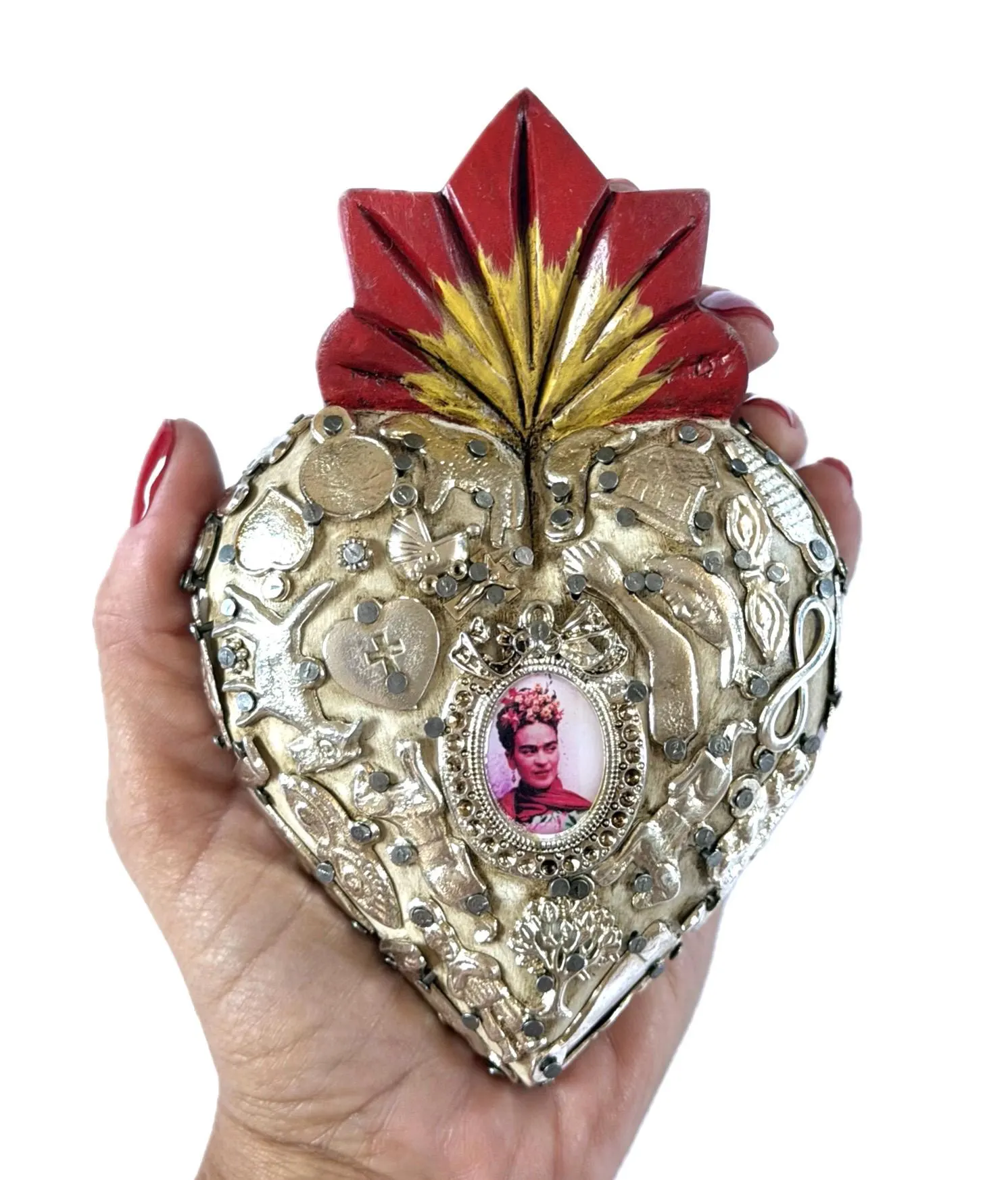 Mexican Folk Art, Rustic Handmade Decor, Frida Kahlo Wood Sacred Heart Silver Milagritos, Medium 5.5”(tall)