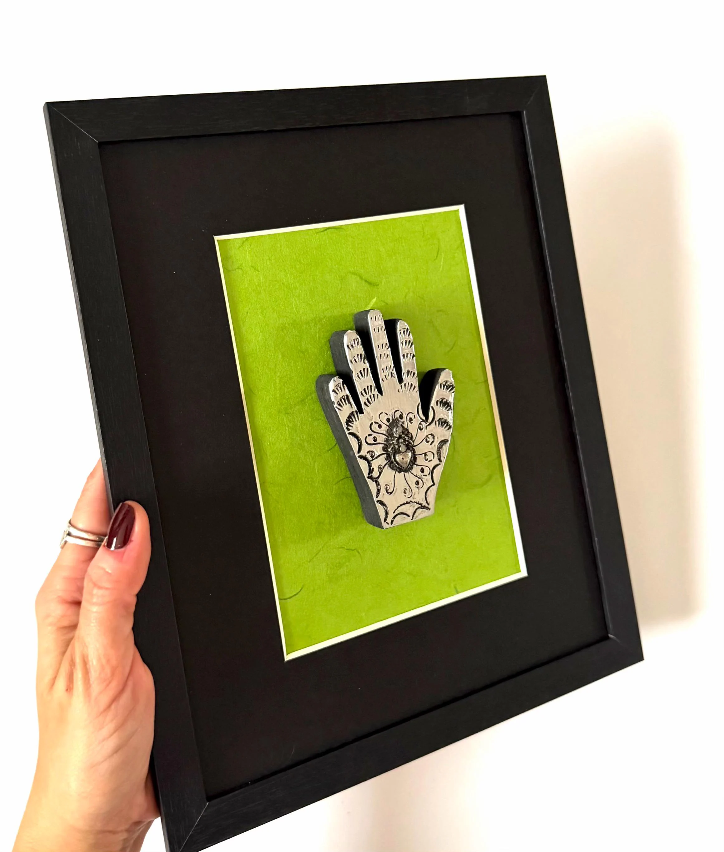 Hand Of Fatima, Housewarming Gift, Framed Manita Aluminio 9"x 11"