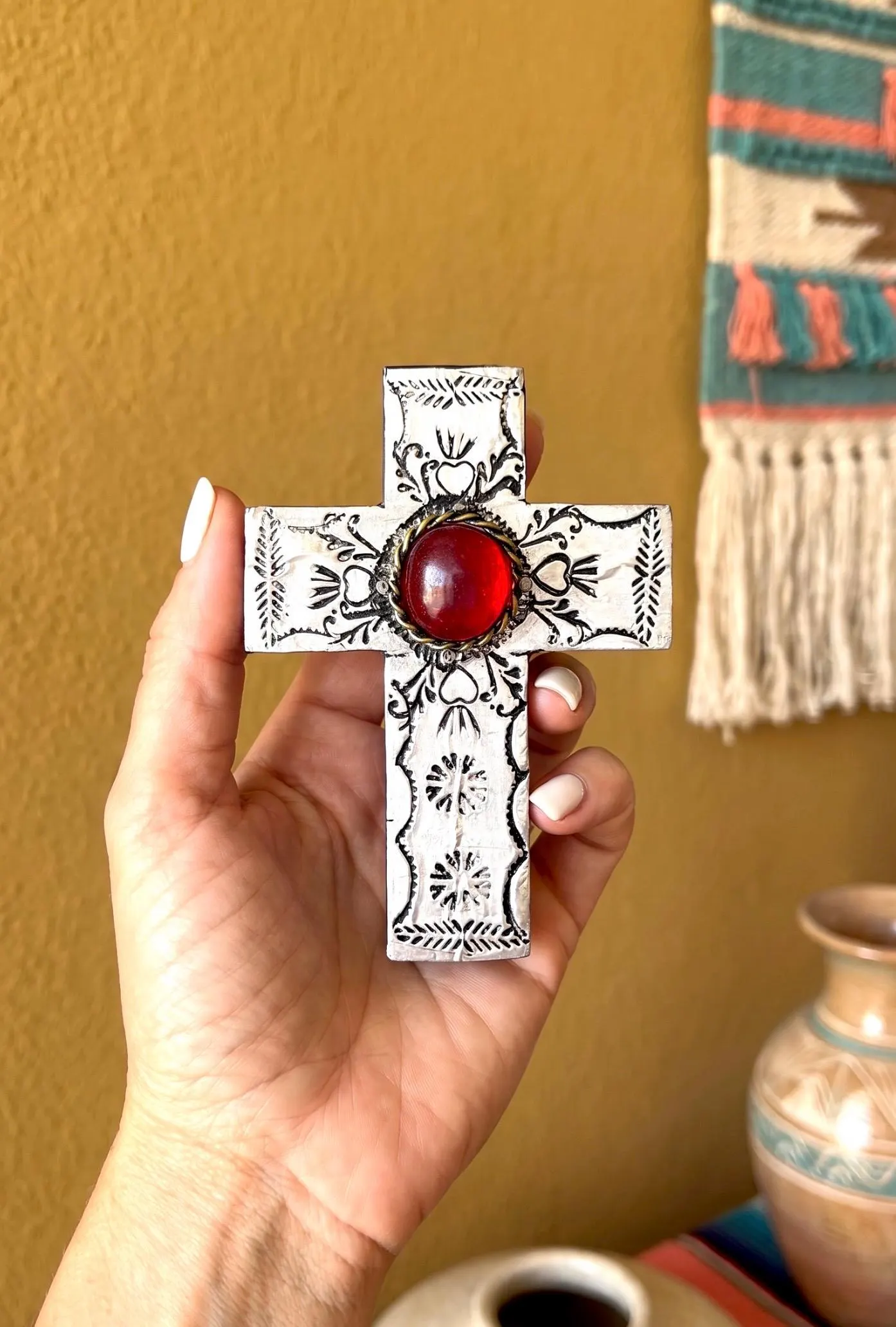 Hand-Cut Cross, Baptism Gift, Handmade Wood Sacred Heart Cross - Mexican Folk Art Milagro