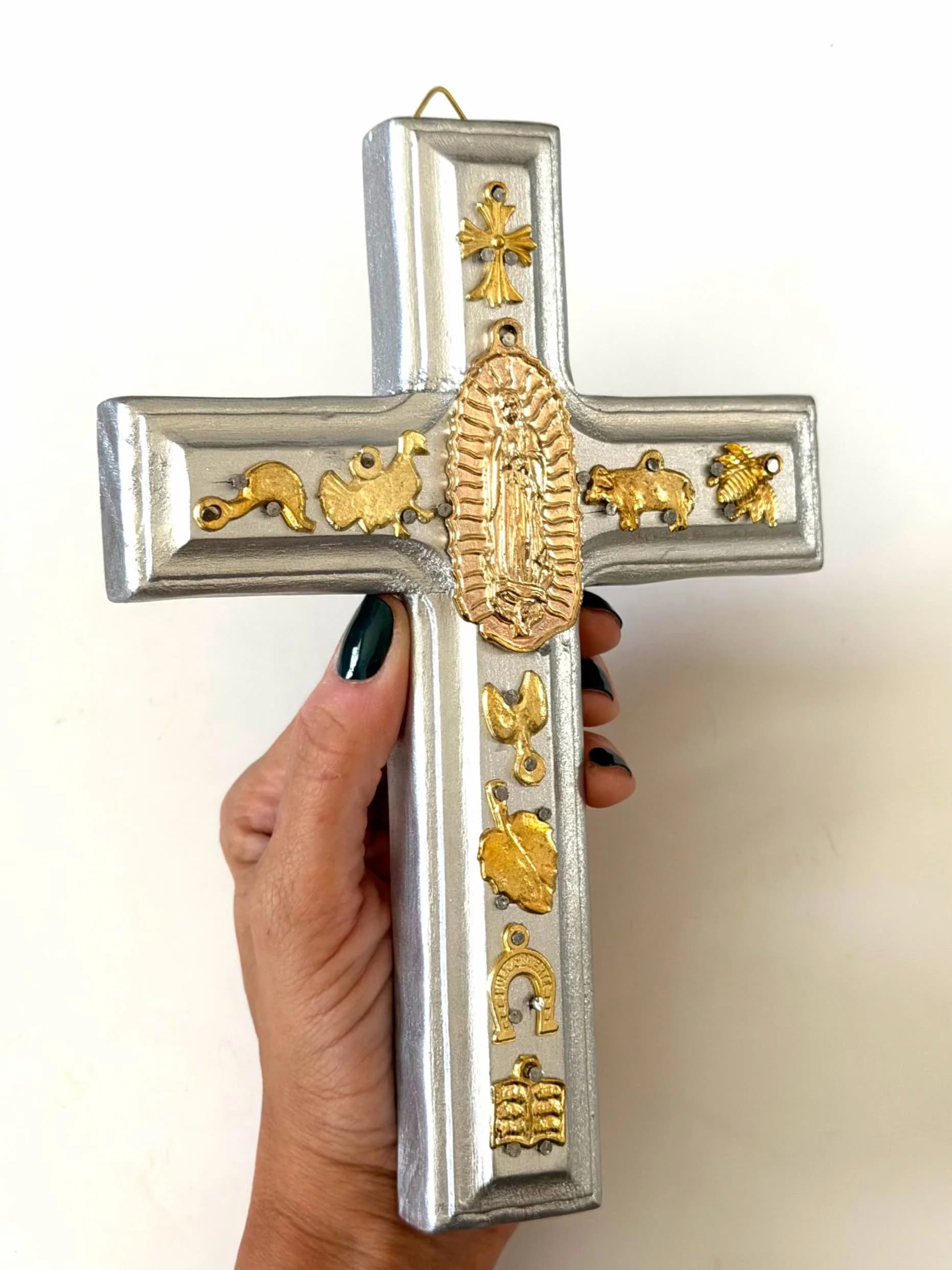 Hand Carved Guadalupe Milagritos Cross, Mexican Home Decor, Ex-Voto Style (8" Tall)