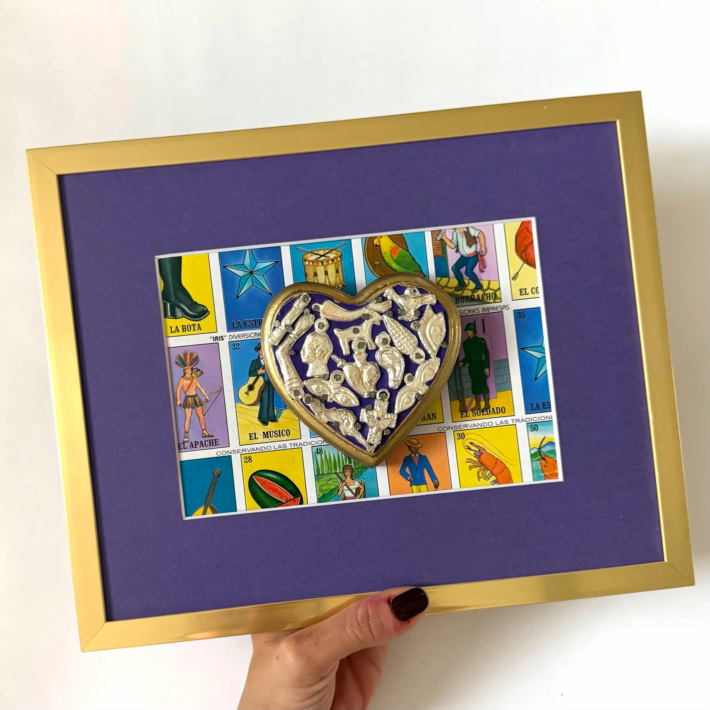 Tin Ex-Voto Charm, Colorful Boho Decor, Framed Loteria Plano Morado 10.5"x 8.5"