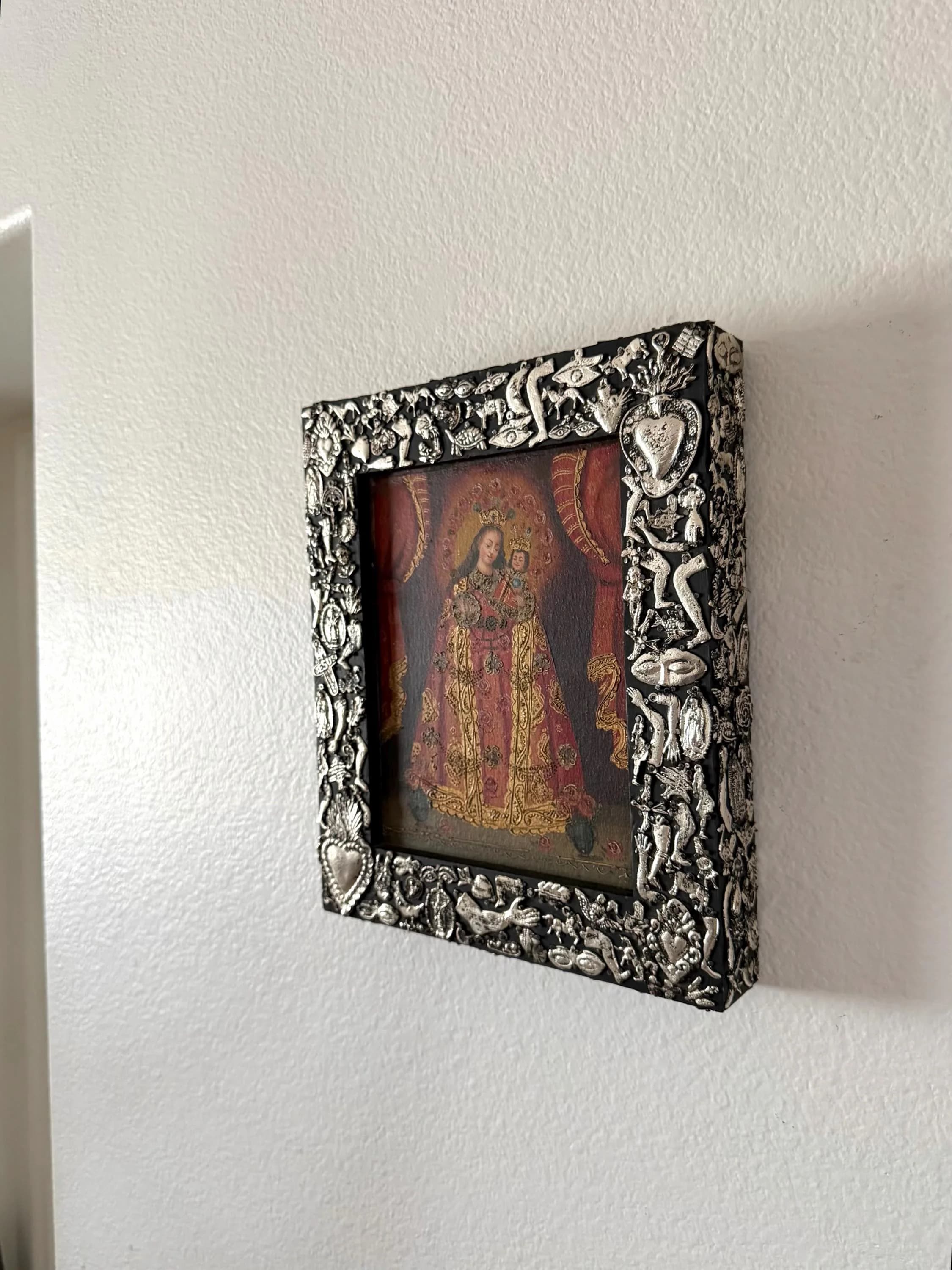Tin Ex-Voto Charm, Eclectic Home Accent, Oleo Retablo Maria y Nino con Milagritos