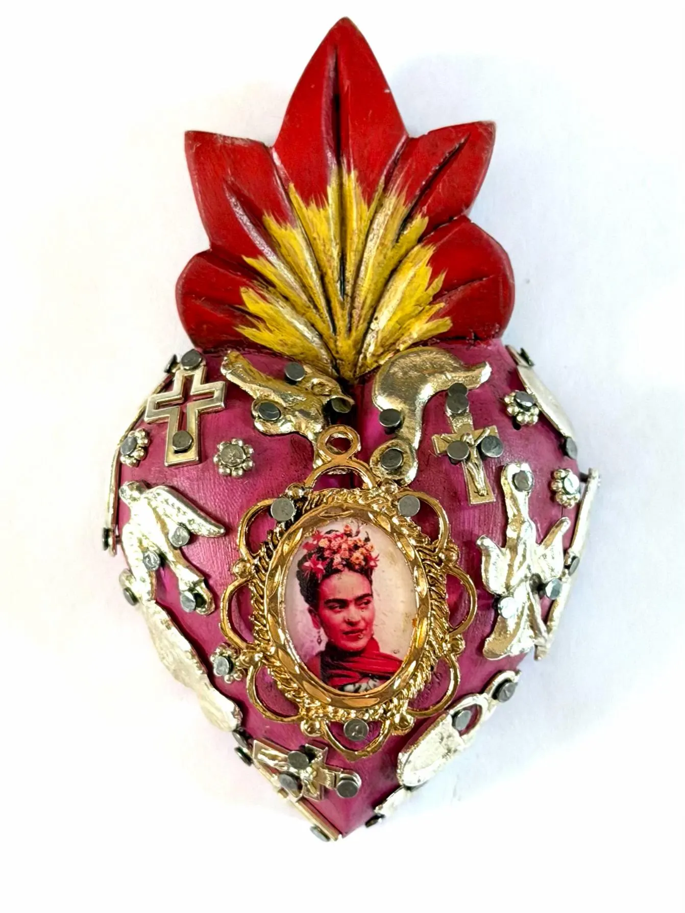 Small Frida Kahlo Wood Sacred Heart Silver Milagritos, Mexican Folk Art, Rustic Handmade Decor