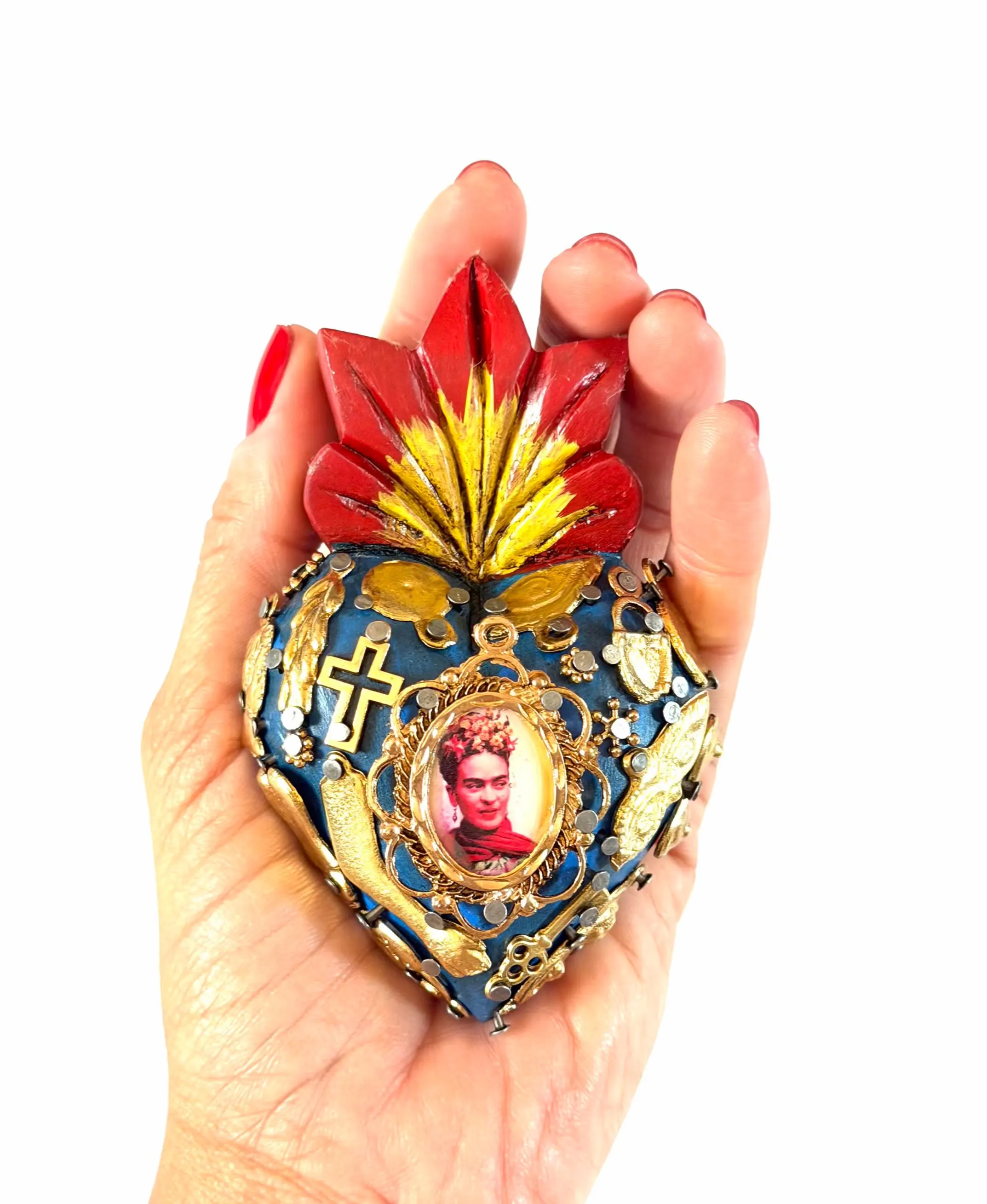 Small Frida Kahlo Wood Sacred Heart Gold Milagritos, Mexican Folk Art, Rustic Handmade Decor