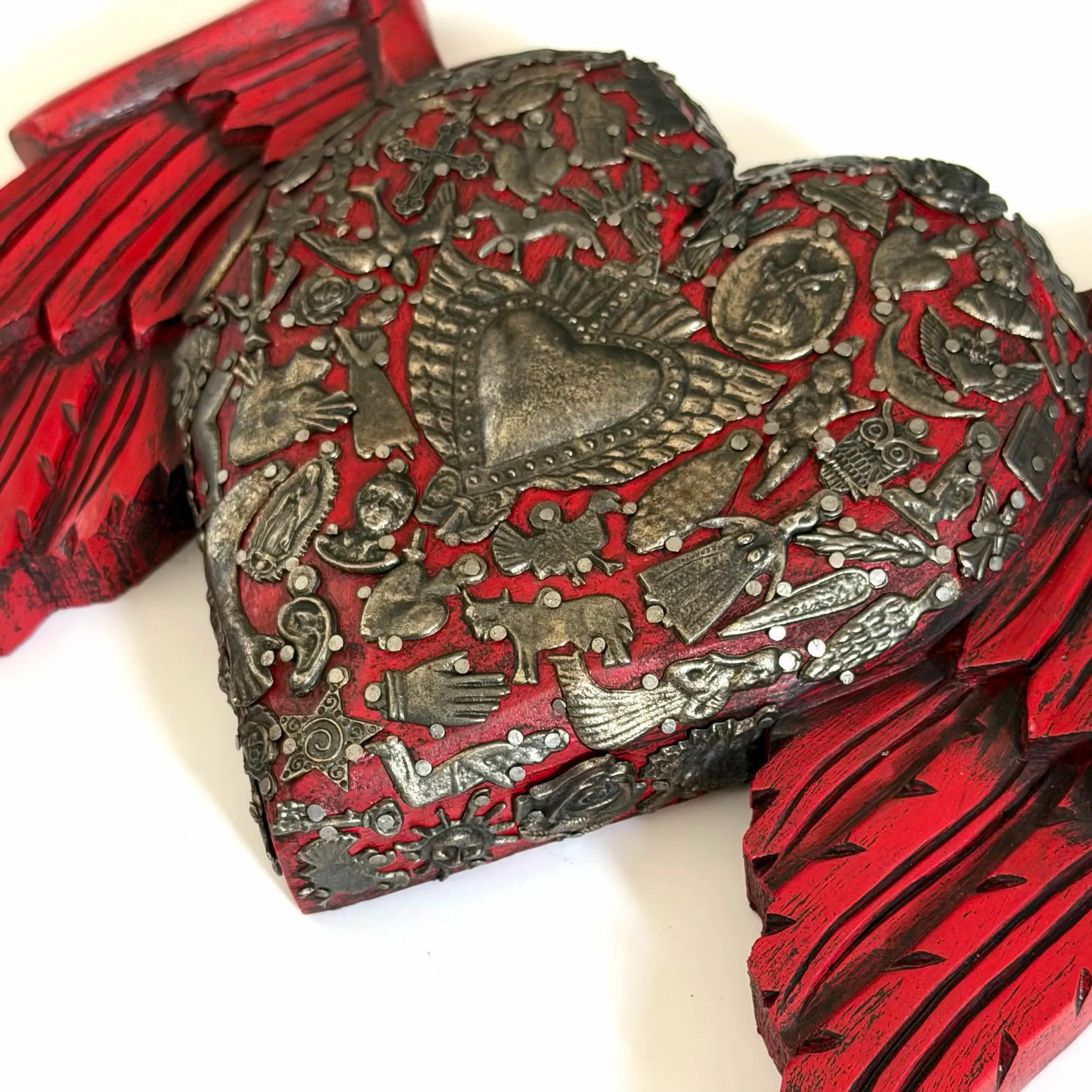 Wood Milagro Art, Housewarming Gift, Wood Sacred Heart Alas Caidas Red