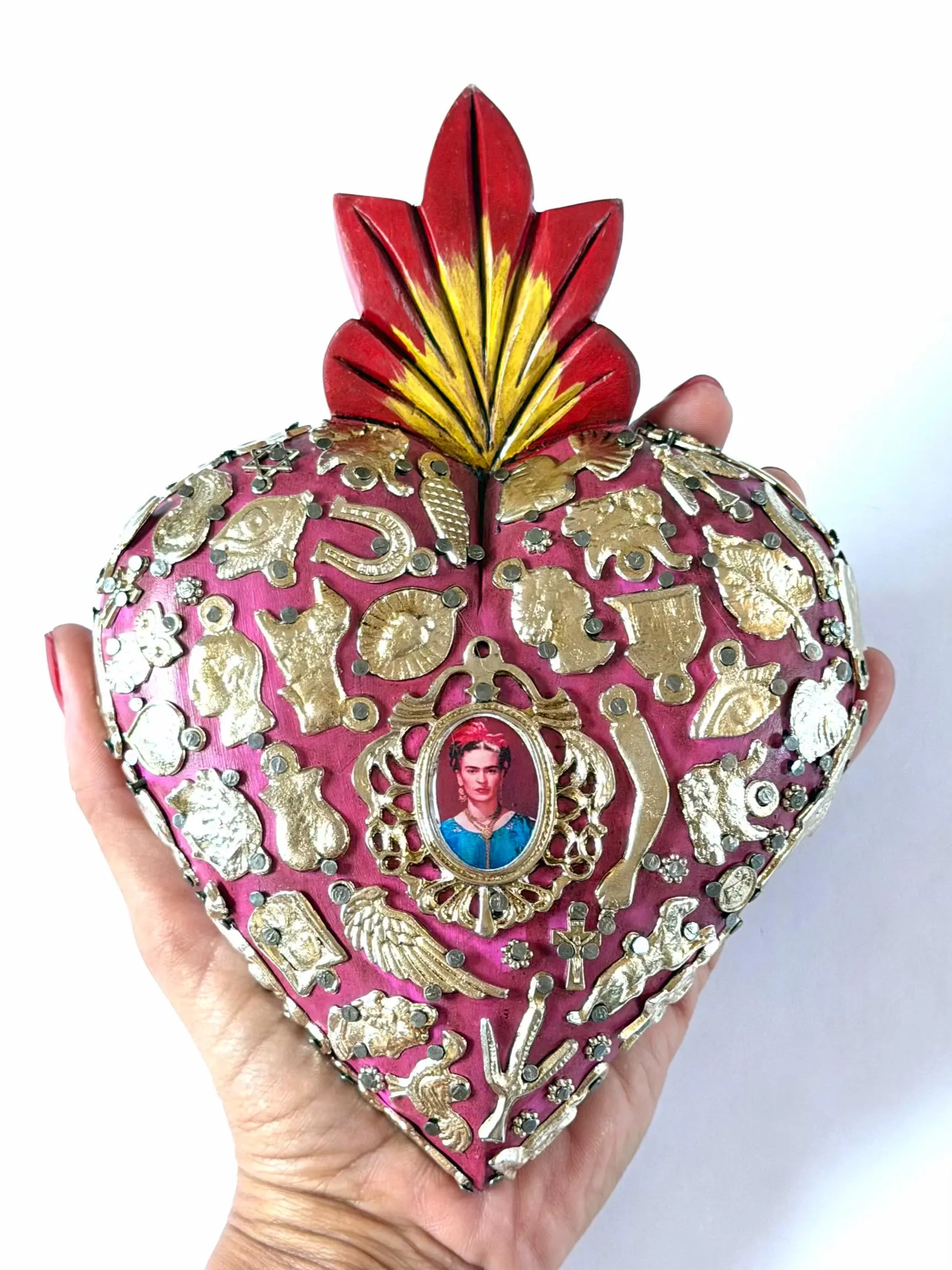 XL Frida Kahlo Milagritos Silver 5.5”x 7.5”, Handmade Wood Wall Decor, Mexican Milagro Charm