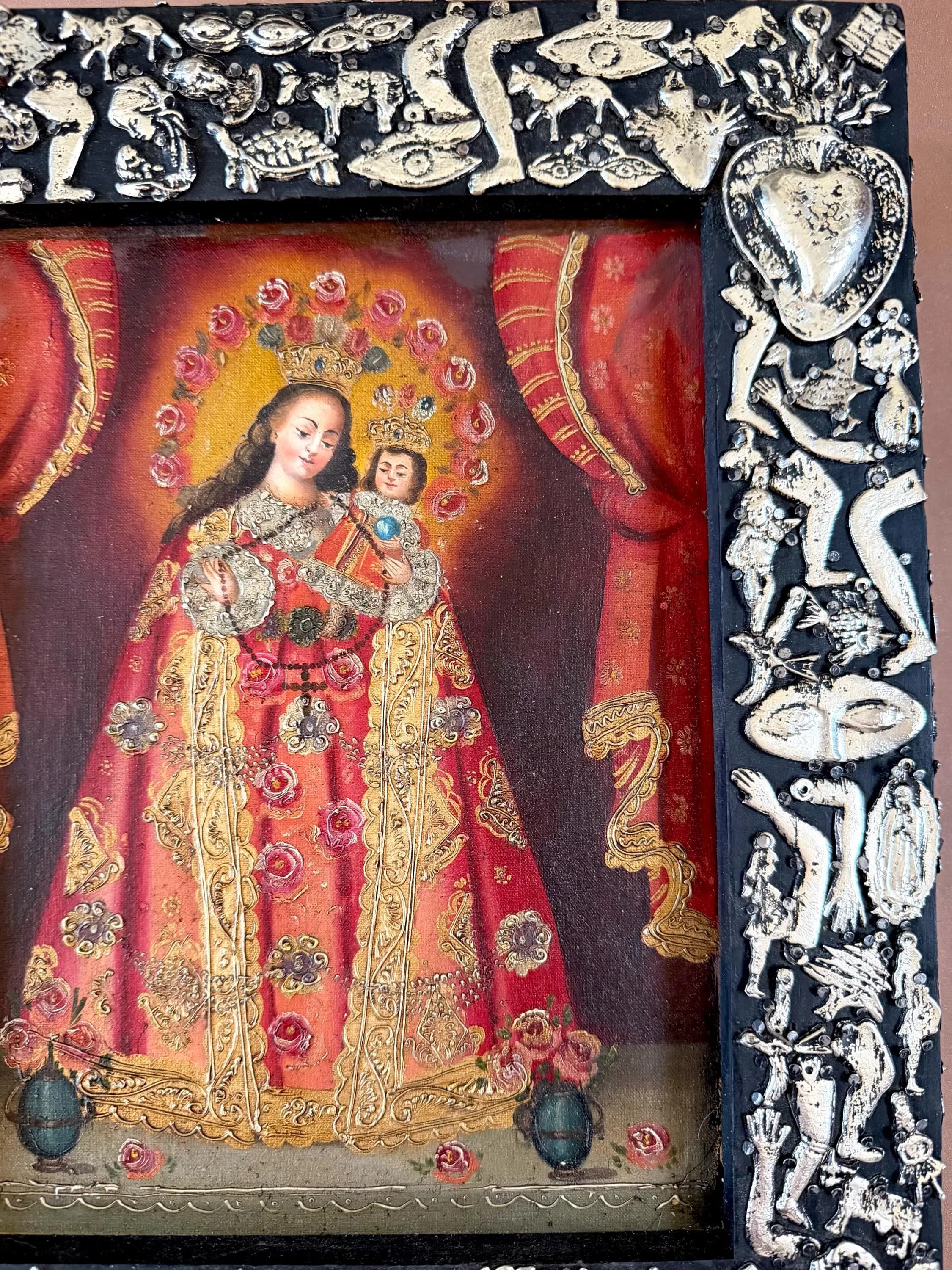Tin Ex-Voto Charm, Eclectic Home Accent, Oleo Retablo Maria y Nino con Milagritos