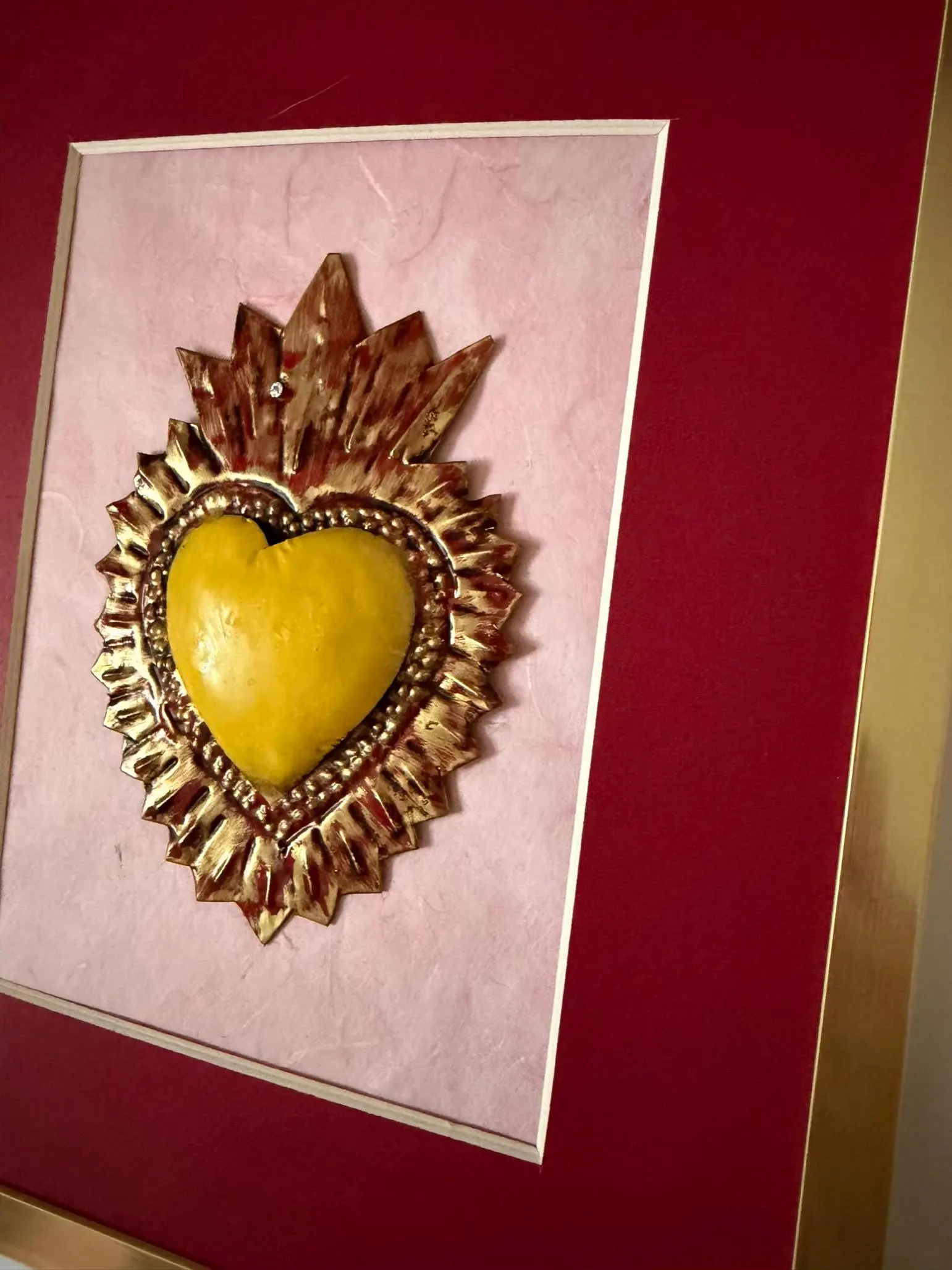 Hojalata Sacred Heart, Boho Wall Decor, Framed San Luisito Yellow 8.5"x 10.5"