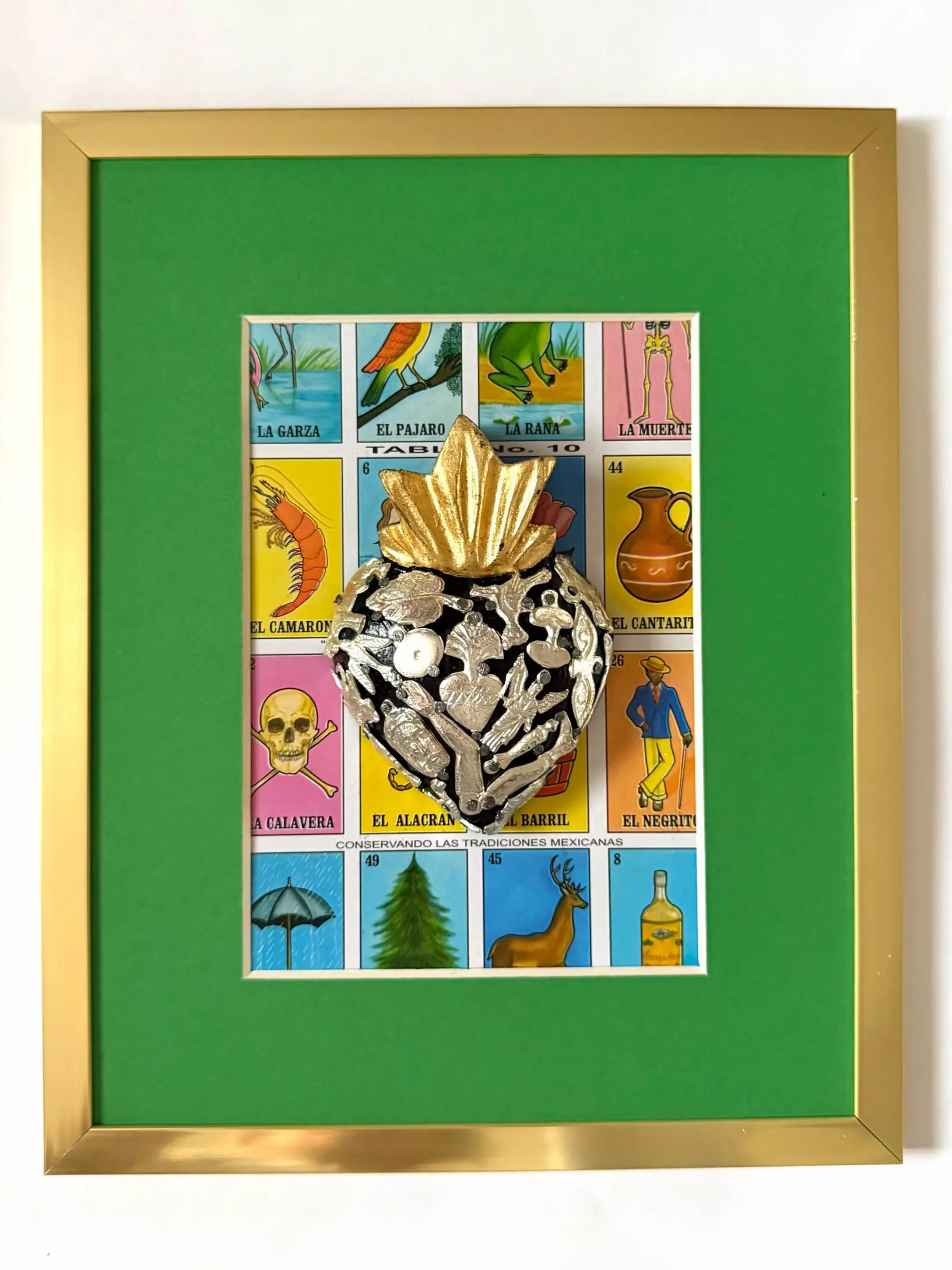 Framed Loteria Milagritos Medium 8.5”x 10.5”, Handcrafted Wood Sacred Heart Wall Hanging, Mexican Home Decor, Ex-Voto Milagro Style