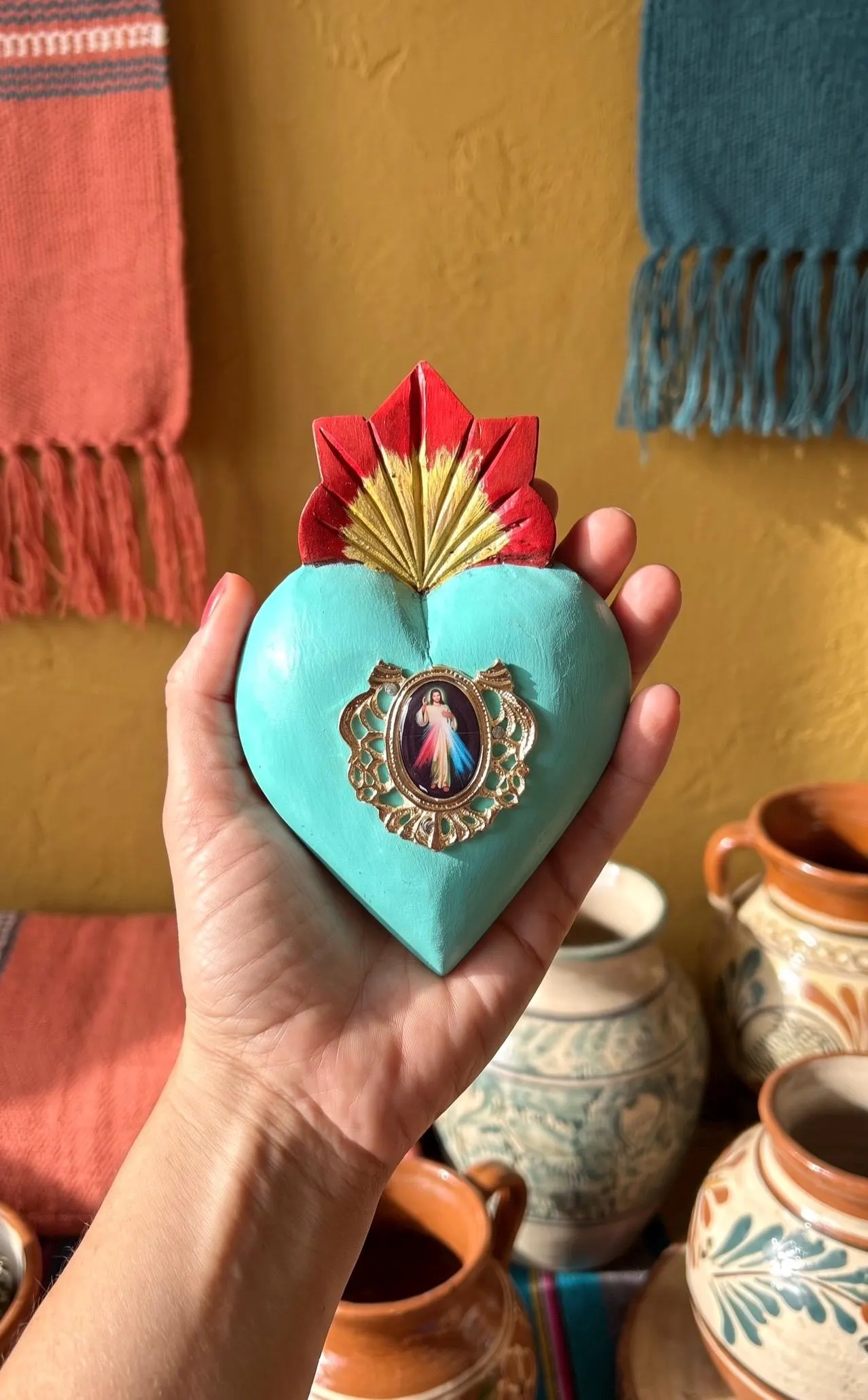 Painted Tin Heart, Housewarming Gift, Jesus Rey De La Esperanza Aqua