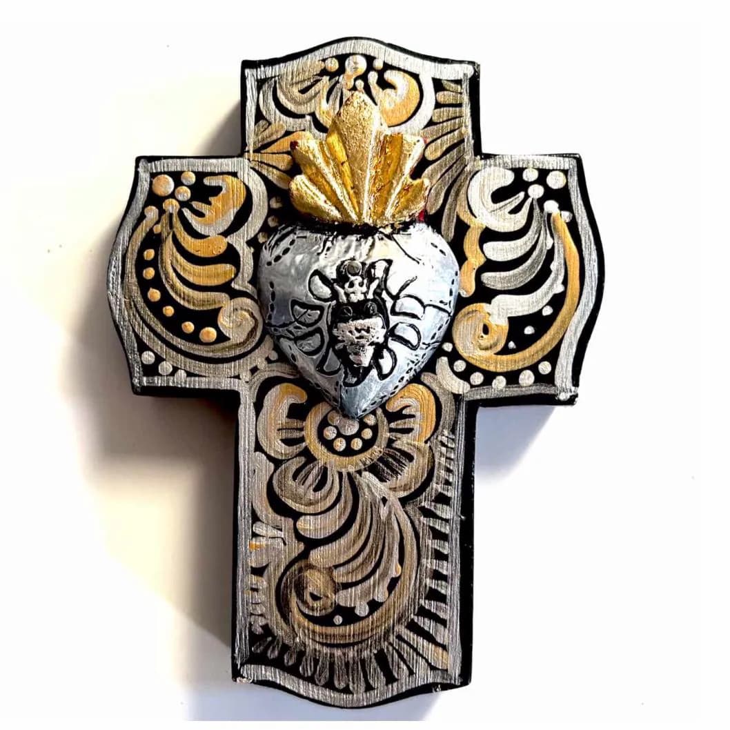Handmade Mexican Folk Art Sacred Heart Cross, 7" Wall Decor (5"x7"x1.5")