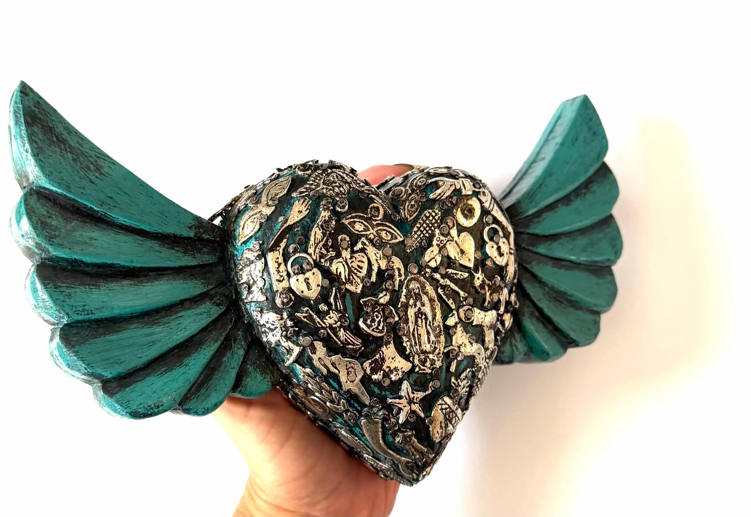 Guadalupe Retablo Art, Housewarming Gift, Large Abanico Guadalupe Vintage Heart Aqua