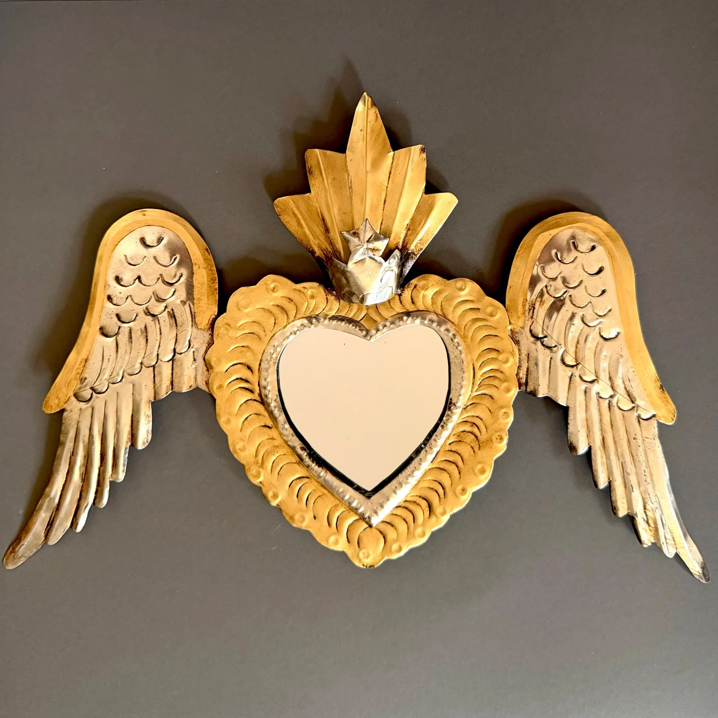 Handcrafted Tin Sacred Heart Mirror, Mexican Milagro Wall Hanging Decor