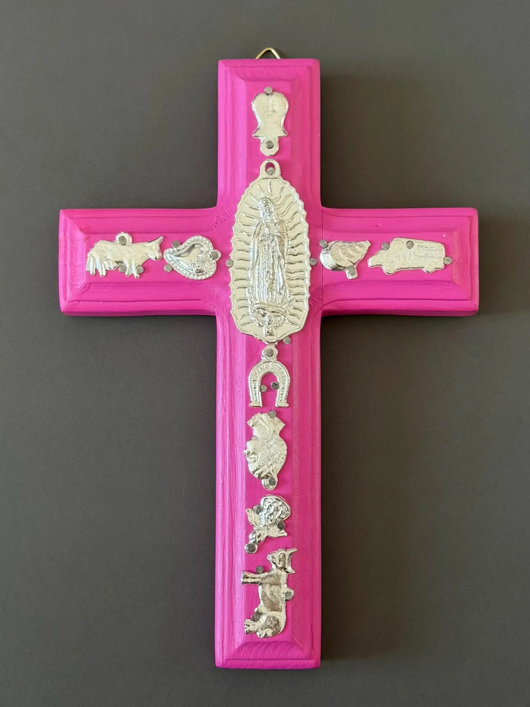 Hand Carved Wood Guadalupe Milagritos Cross, 8" Tall Mexican Wall Decor