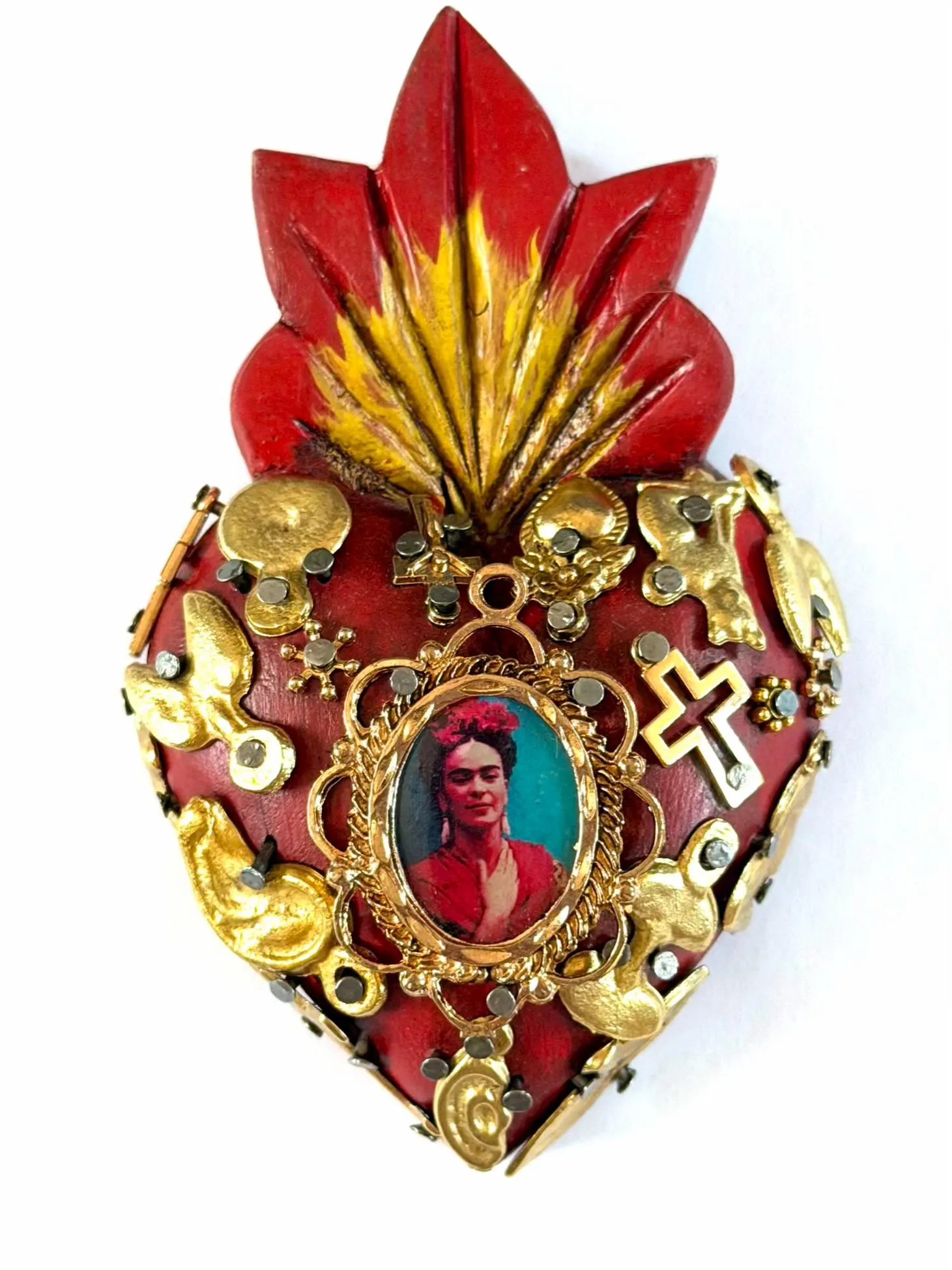 Small Frida Kahlo Wood Sacred Heart Gold Milagritos, Mexican Folk Art, Rustic Handmade Decor