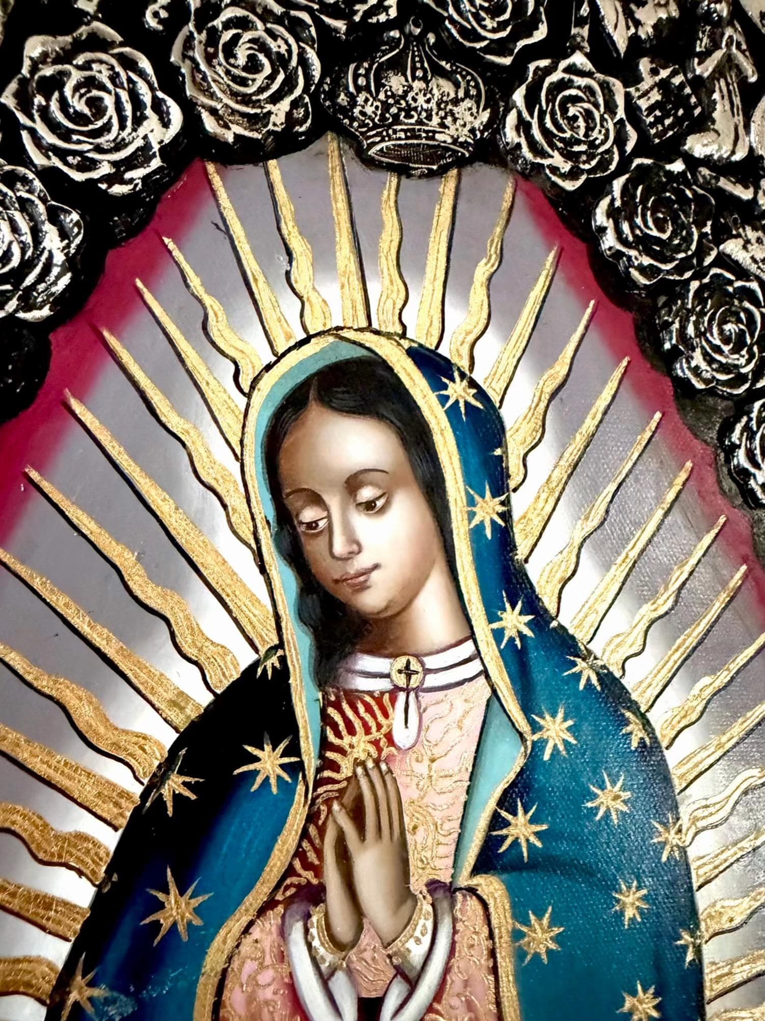 Guadalupe Retablo Art, Confirmation Gift, MAXI Oleo Retablo Guadalupe 24"(tall)
