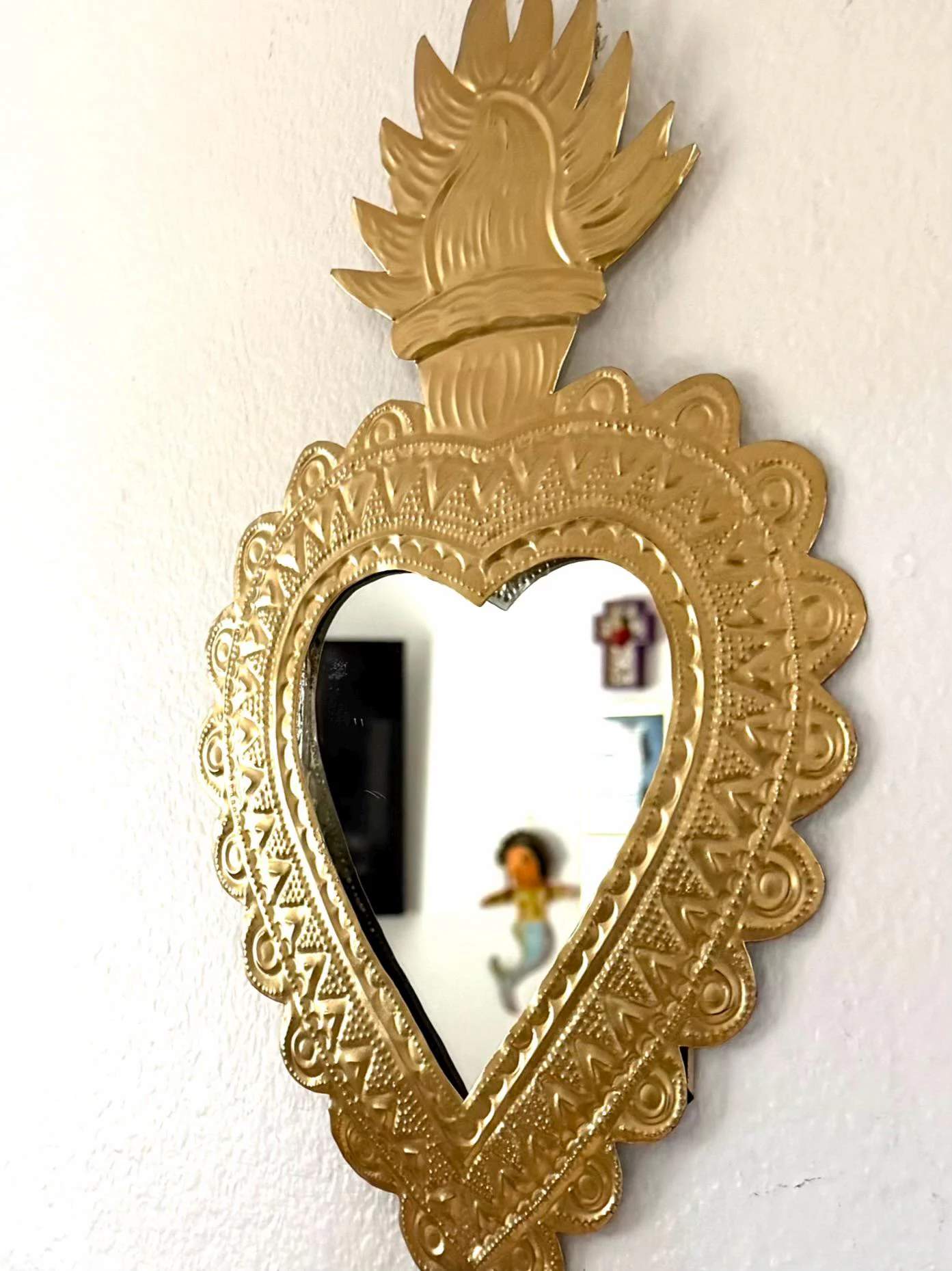 Handcrafted Gold Sacred Heart Mirror, Mexican Ex-Voto Milagro Wall Decor
