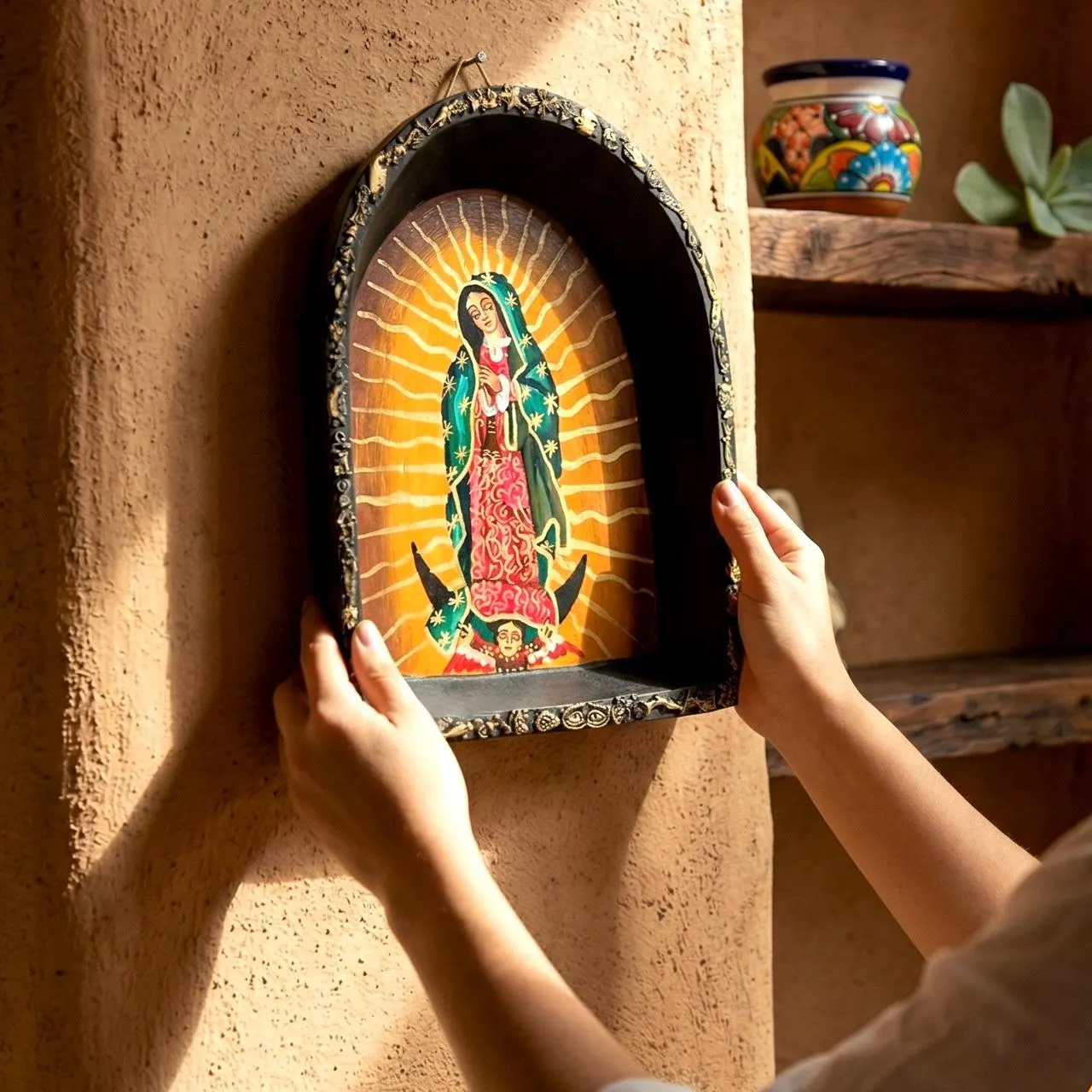 Virgin Mary Art, Home Altar Piece, Retablo Guadalupe 10"x 13"x 2"