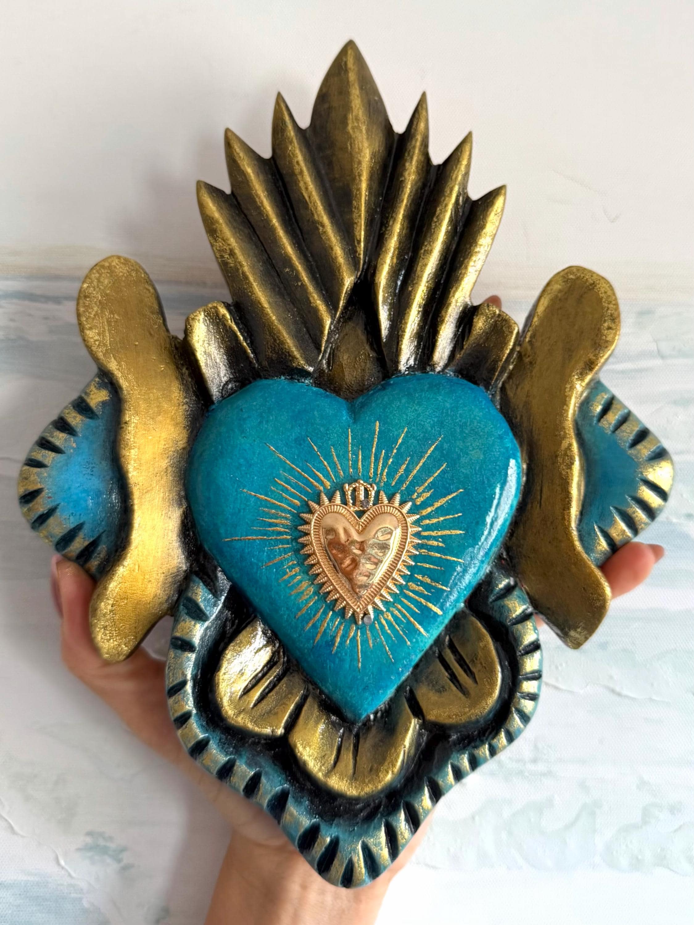 Painted Tin Heart, Colorful Boho Decor, Vintage Azul Medalla 7.5"x 10"
