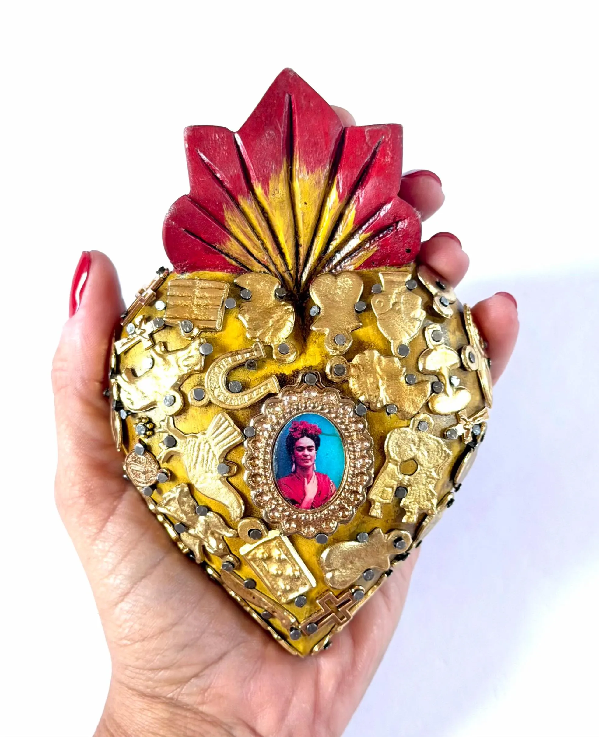 Mexican Folk Art, Rustic Handmade Decor, Frida Kahlo Wood Sacred Heart Gold Milagritos, Medium 5.5”(tall)