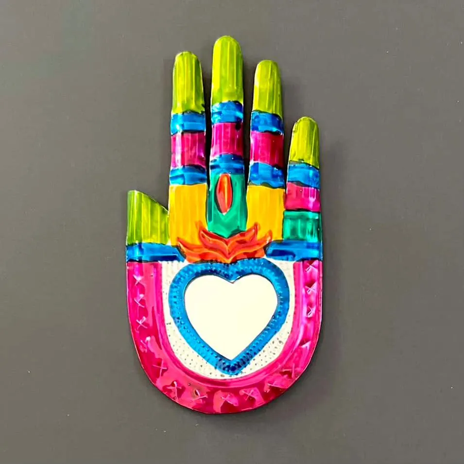 Manita Mirror de la Suerte 5.5”, Handmade Tin Sacred Heart Mirror Wall Hanging, Mexican Folk Art, Milagro Ex-Voto Charm