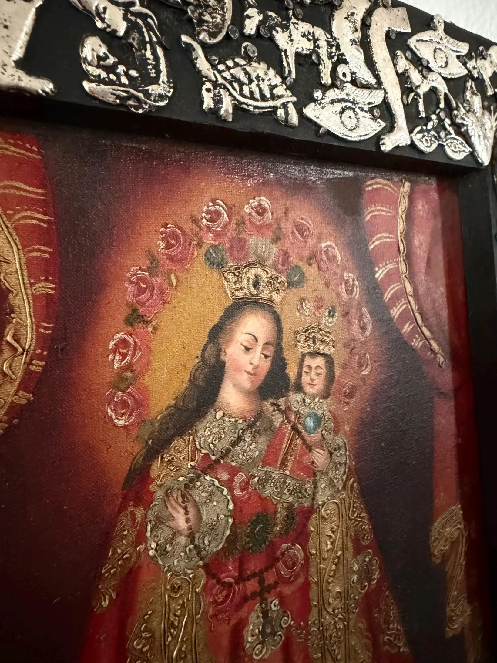 Tin Ex-Voto Charm, Eclectic Home Accent, Oleo Retablo Maria y Nino con Milagritos