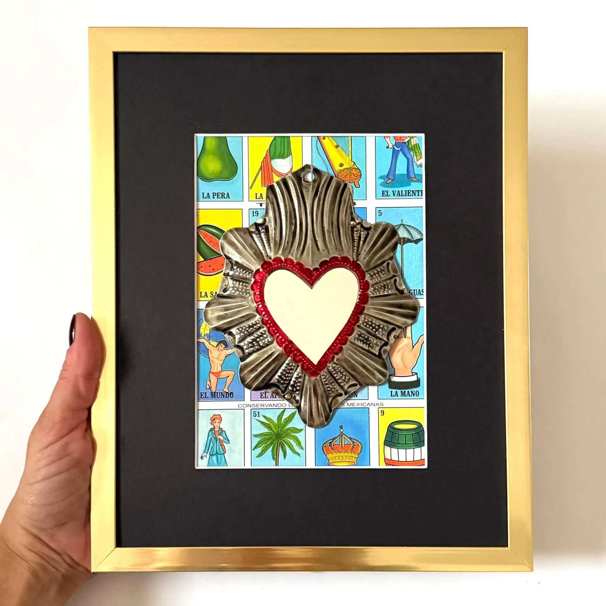 Hand-Cut Tin Heart, Unique Gift Idea, Framed Loteria Pavonado 8.5"x 10.5"