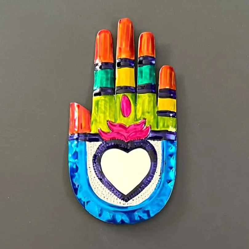 Manita Mirror de la Suerte 5.5”, Handmade Tin Sacred Heart Mirror Wall Hanging, Mexican Folk Art, Milagro Ex-Voto Charm