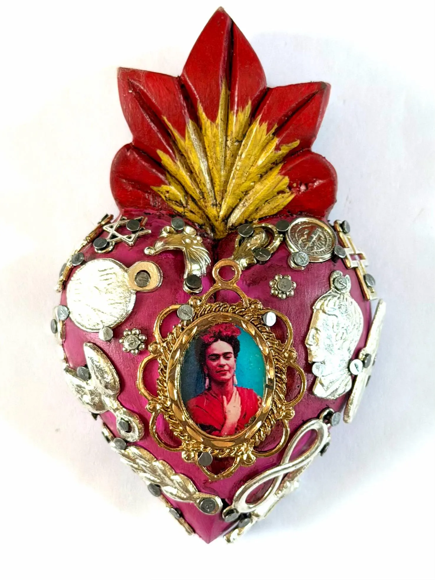 Small Frida Kahlo Wood Sacred Heart Silver Milagritos, Mexican Folk Art, Rustic Handmade Decor