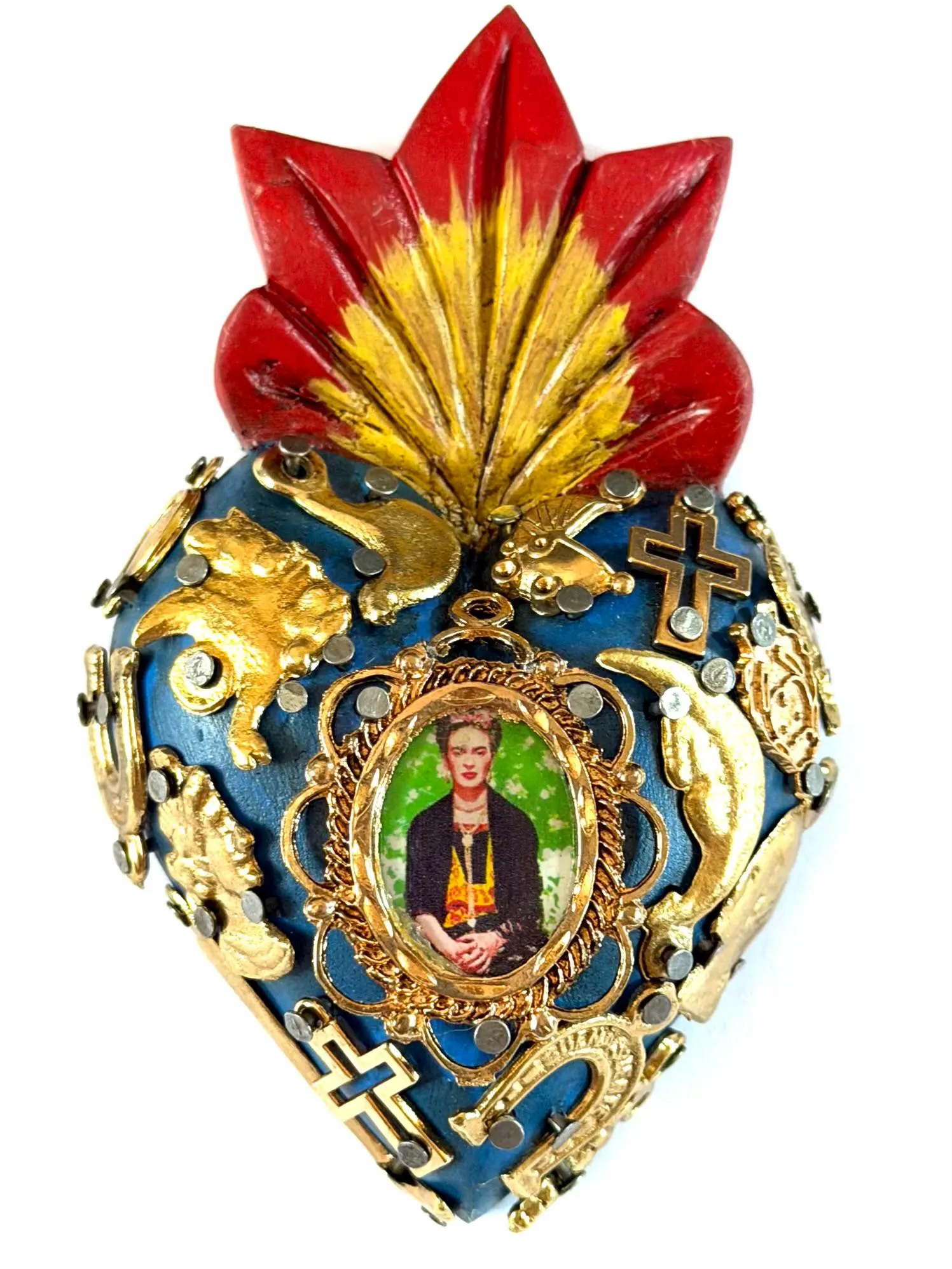 Small Frida Kahlo Wood Sacred Heart Gold Milagritos, Mexican Folk Art, Rustic Handmade Decor