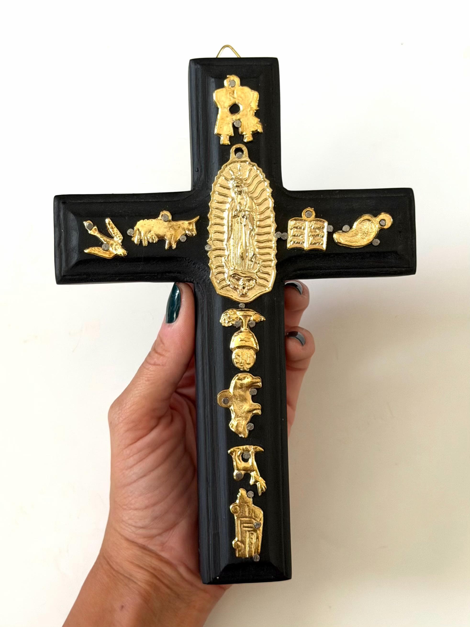 Hand Carved Guadalupe Milagritos Cross, Mexican Home Decor, Ex-Voto Style (8" Tall)