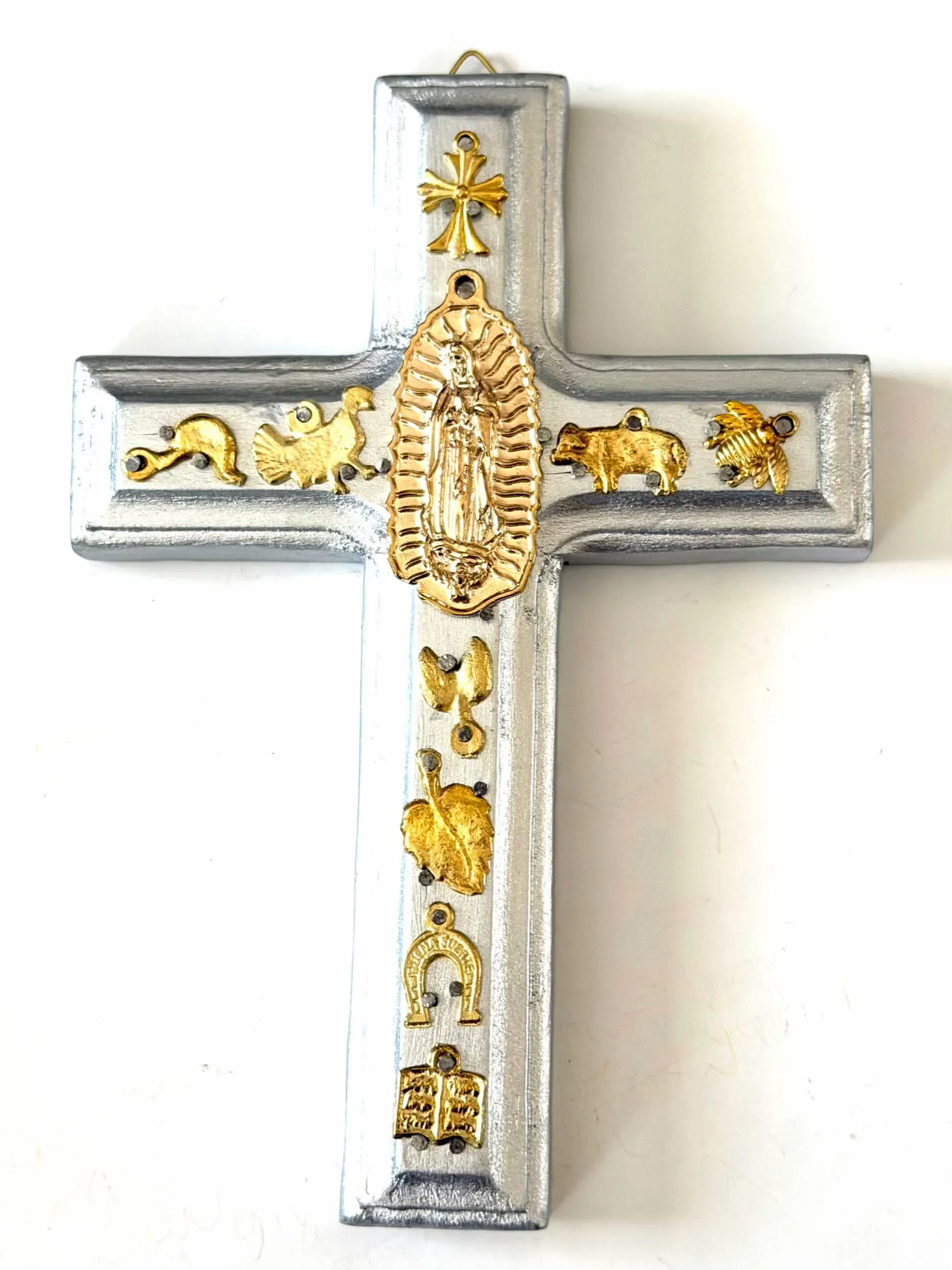 Hand Carved Guadalupe Milagritos Cross, Mexican Home Decor, Ex-Voto Style (8" Tall)
