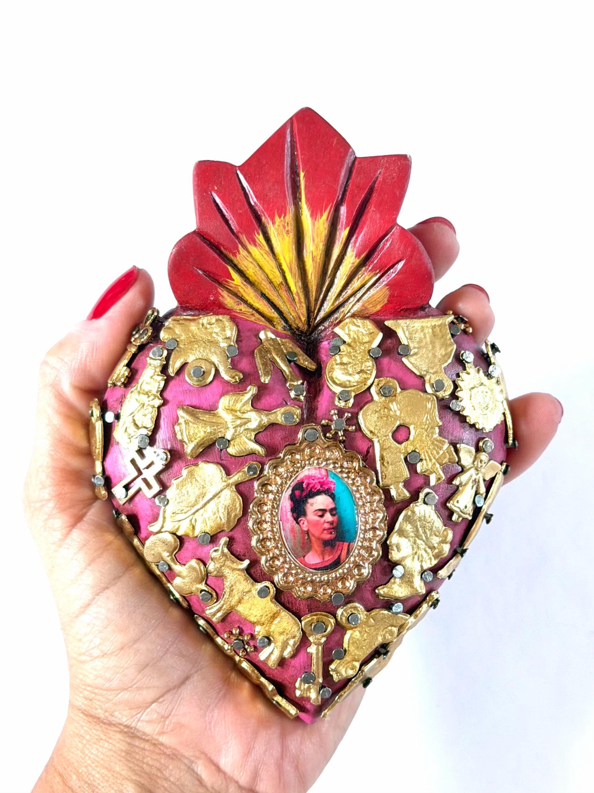 Mexican Folk Art, Rustic Handmade Decor, Frida Kahlo Wood Sacred Heart Gold Milagritos, Medium 5.5”(tall)