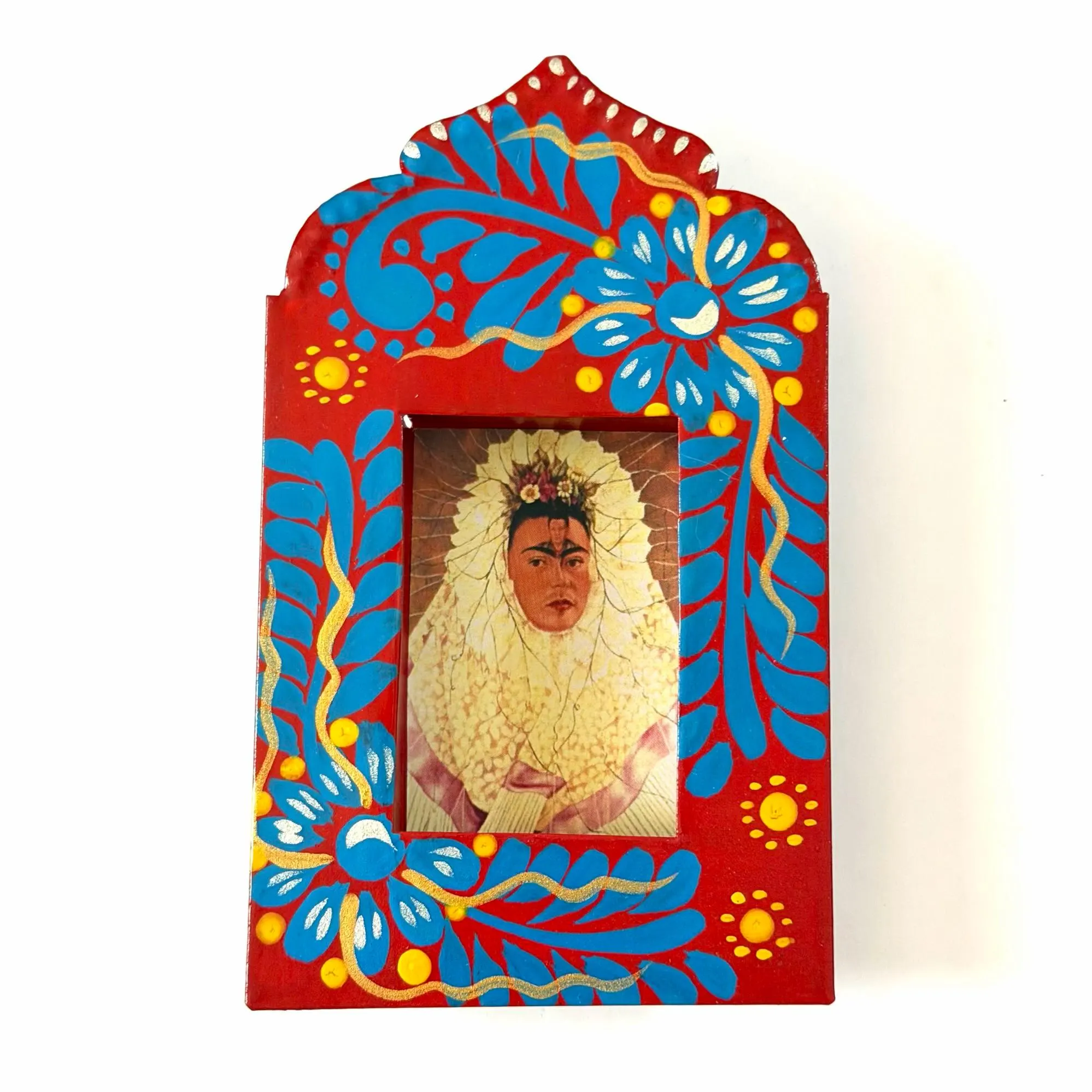 Handmade Tin Nicho Frida Kahlo Small, Mexican Folk Art Boho Niche 5.5”
