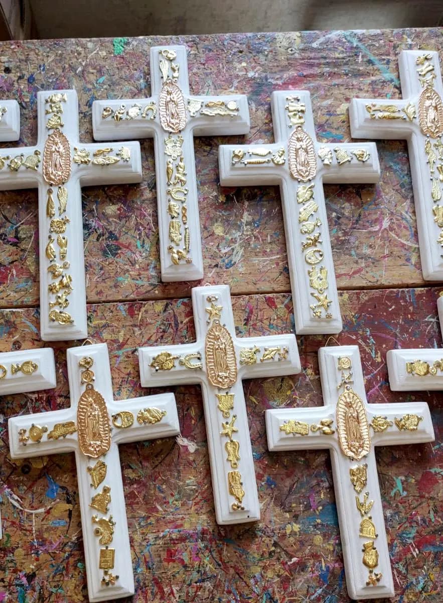 Hand Carved Guadalupe Milagritos Cross, Mexican Home Decor, Ex-Voto Style (8" Tall)
