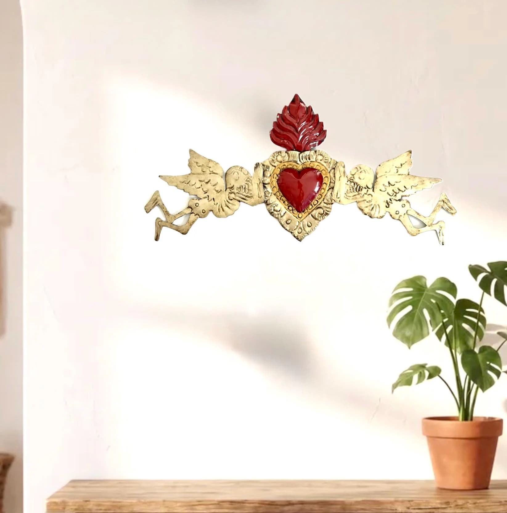XL D.Muertos 20”(long), Handcrafted Sacred Heart Wall Art, Mexican Home Decor, Ex-Voto Milagro Style