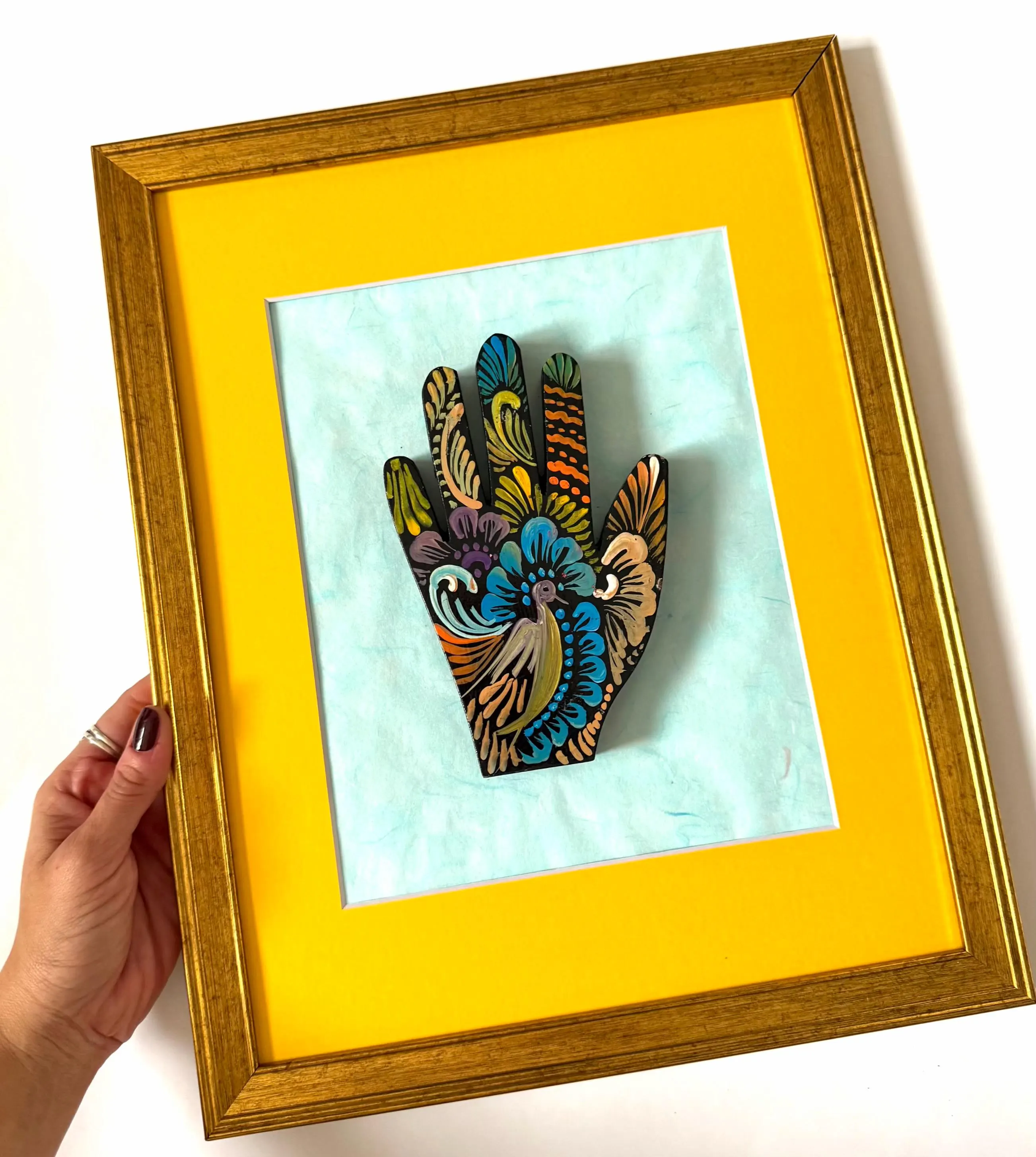 Hamsa Hand Art, Protection Gift, Framed Wood Manita Vintage 12.25"x 15.25"