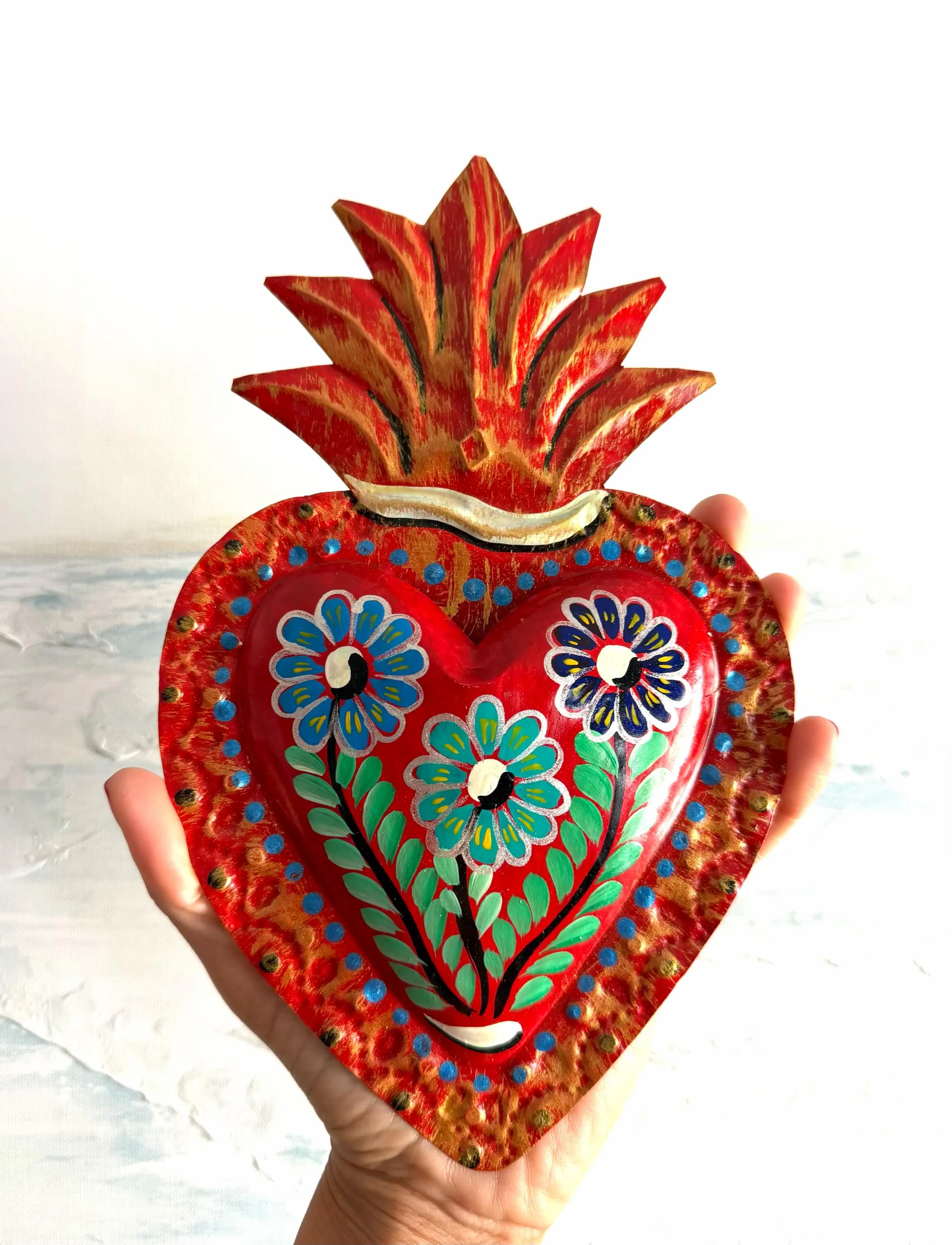Punched Tin Heart, Eclectic Home Accent, Tres Flores Decorado 9.5"