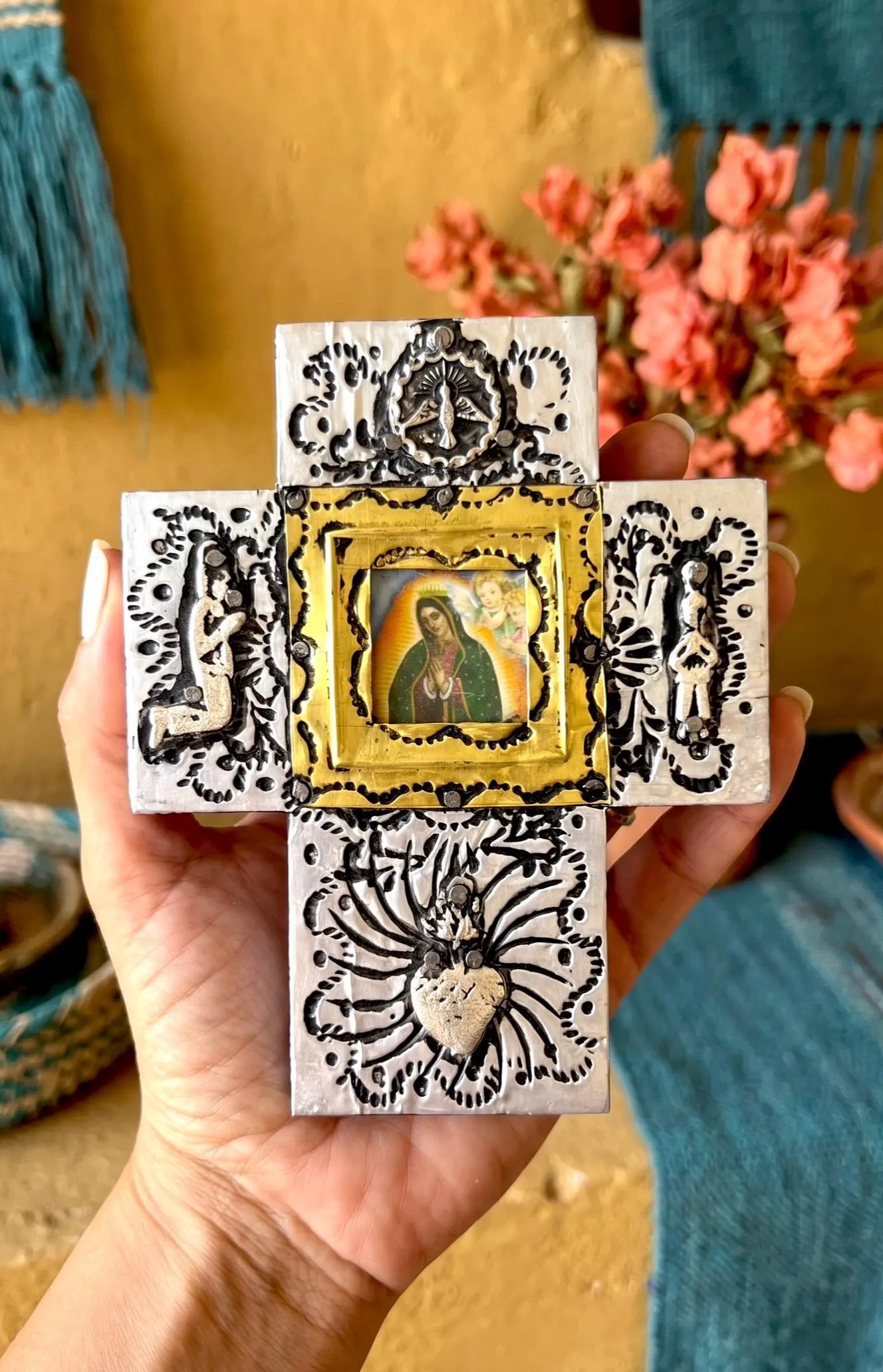 Wood Cross Art, Catholic Home Gift, Mexican Handmade Wood Cross 4"x 5"