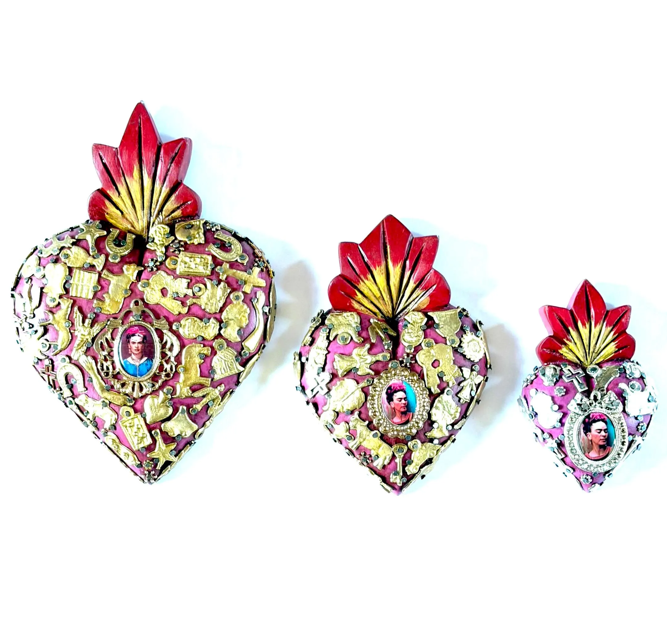 Mexican Folk Art, Rustic Handmade Decor, Frida Kahlo Wood Sacred Heart Silver Milagritos, Medium 5.5”(tall)