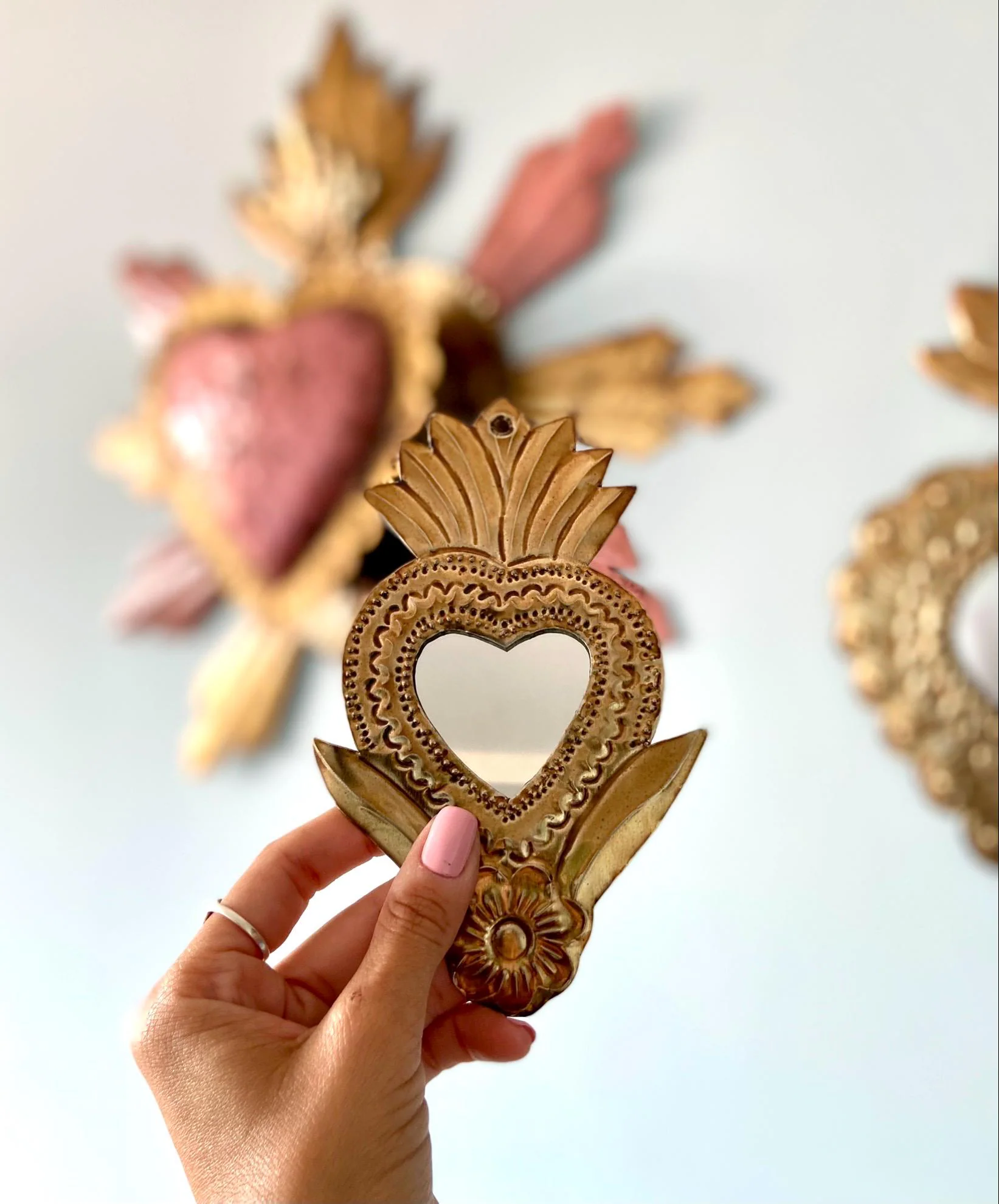 Medium Vintage Mirror, Handmade Tin Sacred Heart Mirror Wall Hanging, Mexican Folk Art, Milagro Ex-Voto Charm