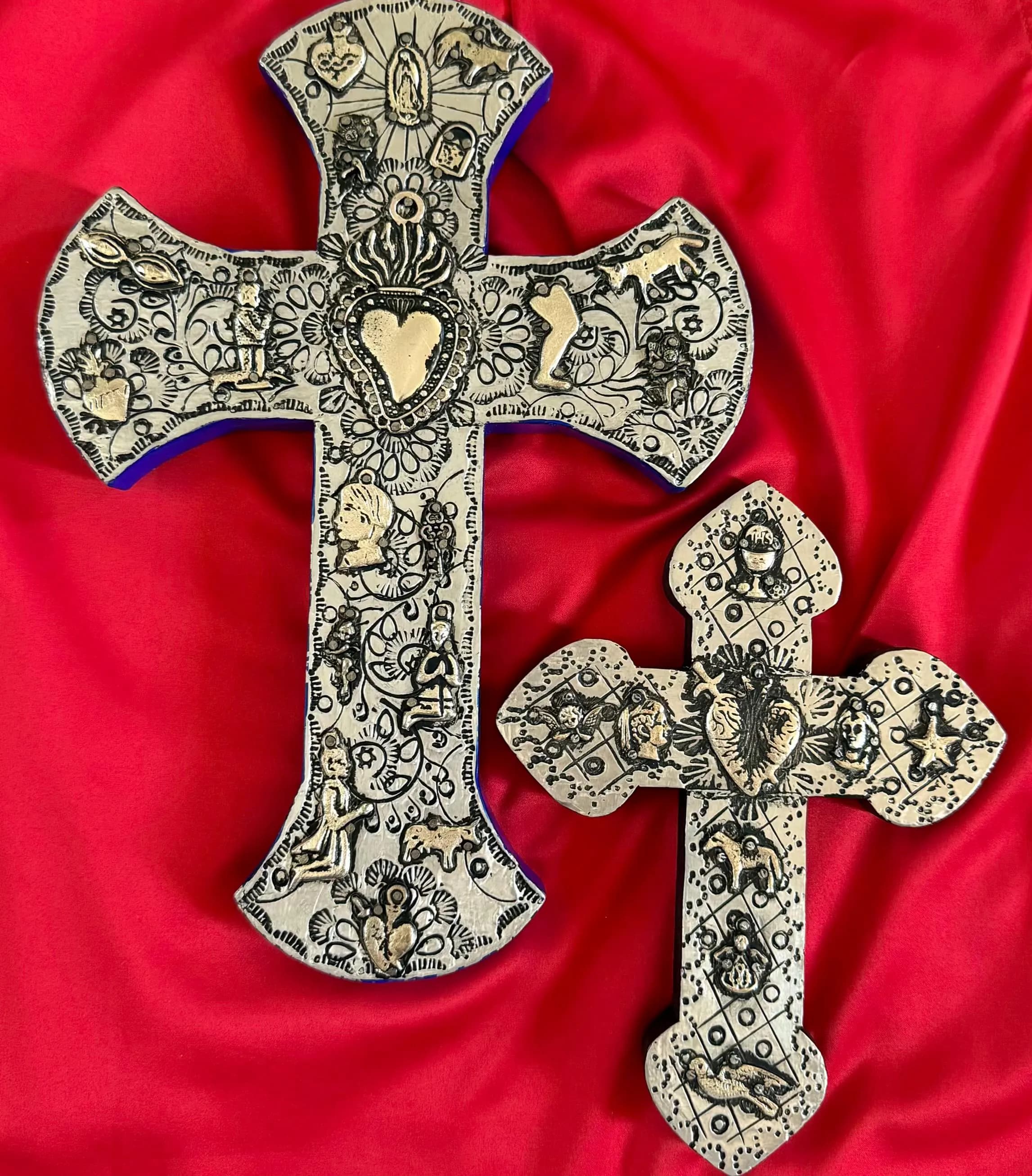 Tin Cross Charm, Catholic Home Gift, XL Wood Sacred Heart Cross Aluminium 12"(tall)