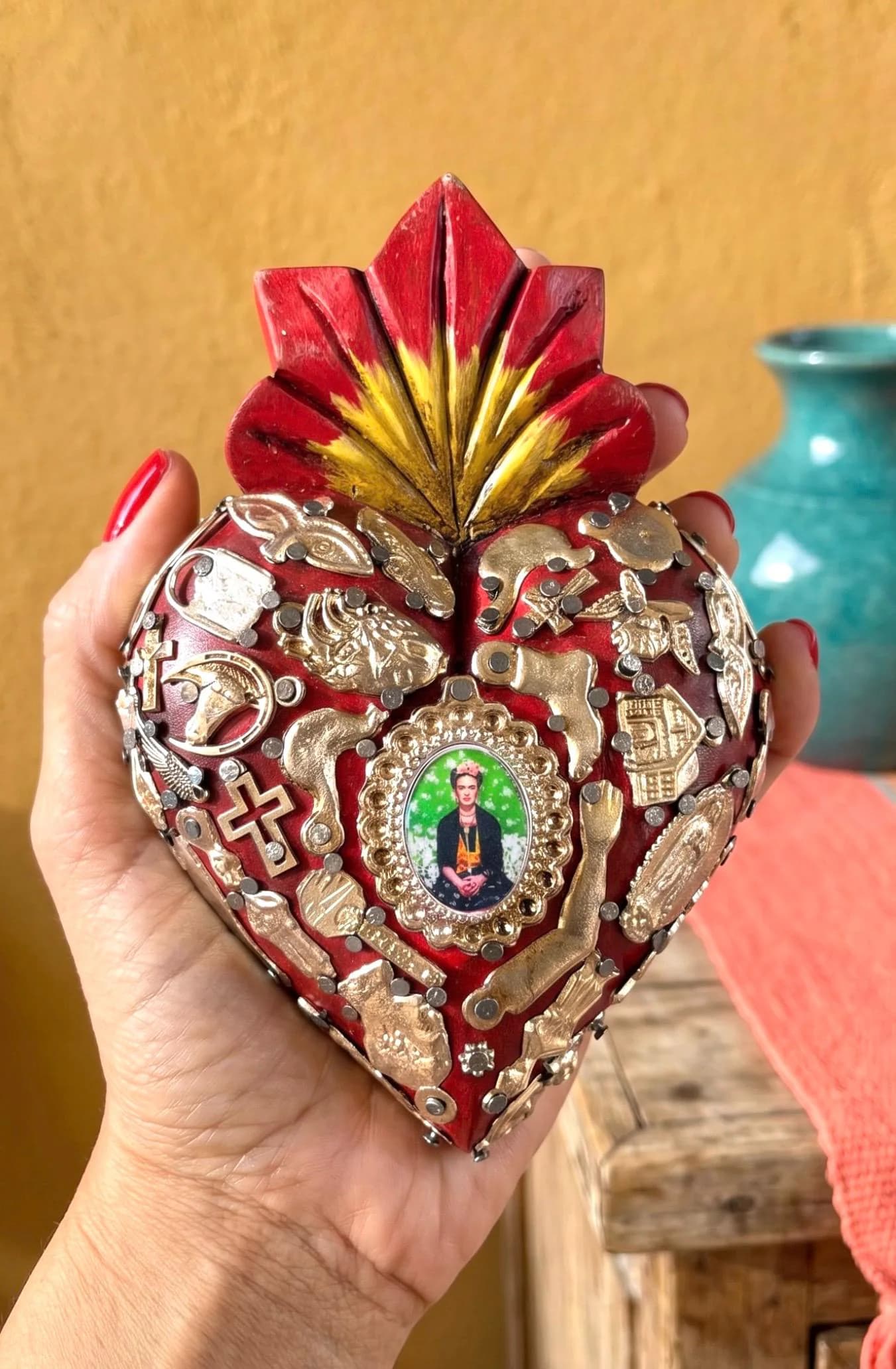 Mexican Folk Art, Rustic Handmade Decor, Frida Kahlo Wood Sacred Heart Silver Milagritos, Medium 5.5”(tall)
