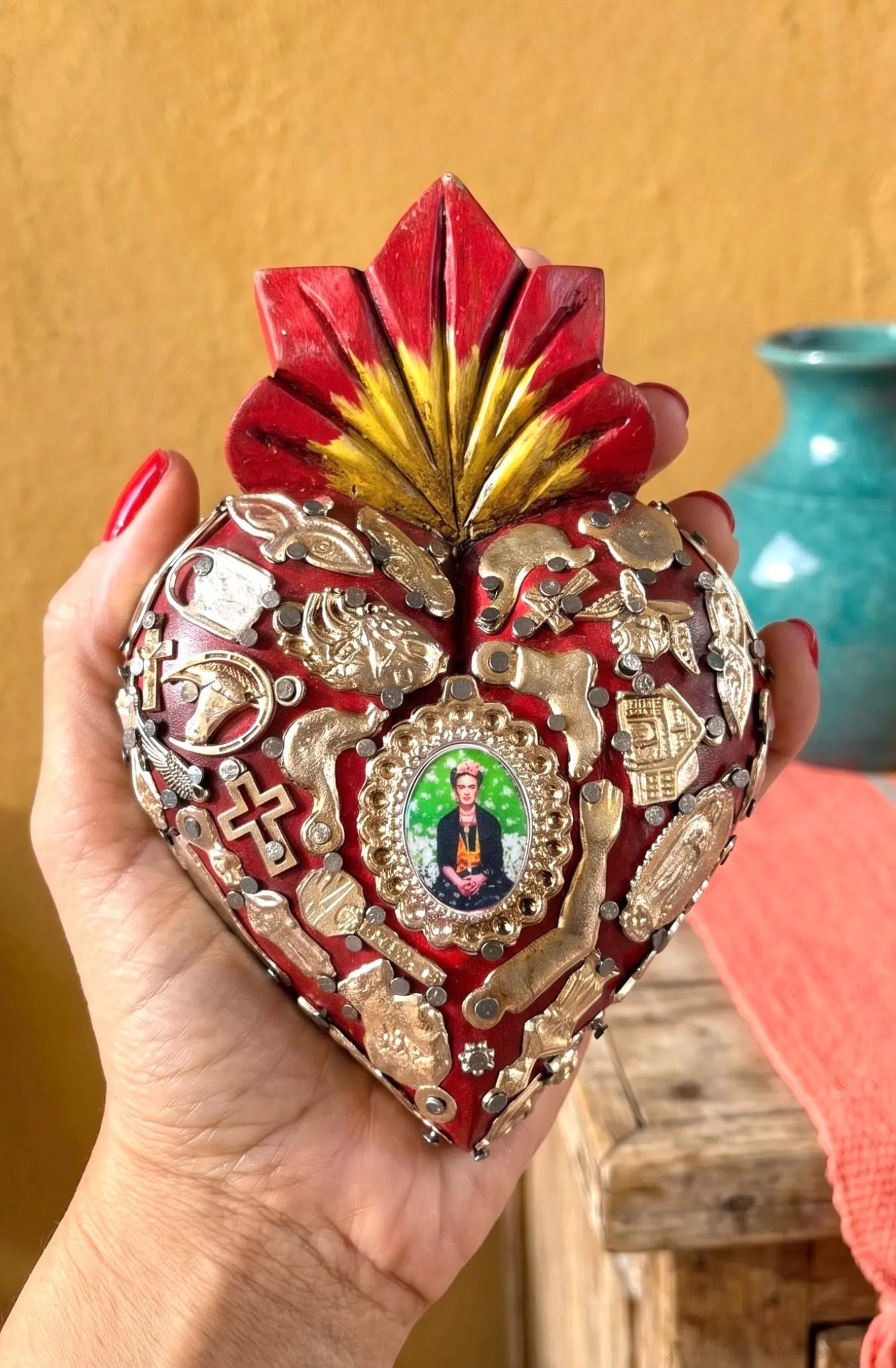 Mexican Folk Art, Rustic Handmade Decor, Frida Kahlo Wood Sacred Heart Silver Milagritos, Medium 5.5”(tall)